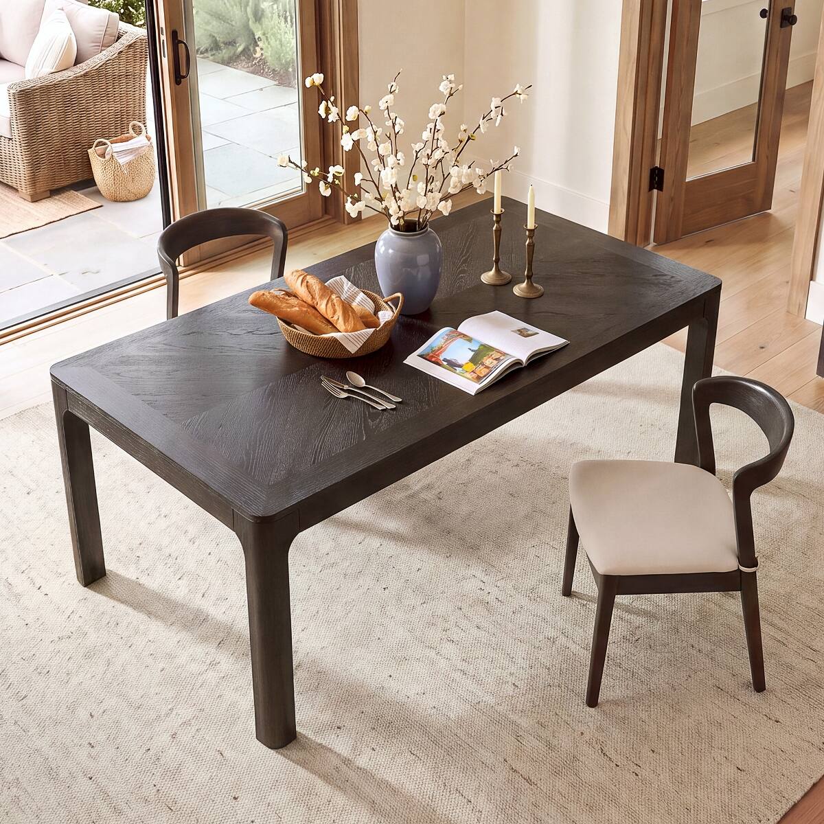 Loheer Rectangular Dining Table, Oak Veneer Parquet Style Top, Rounded ...