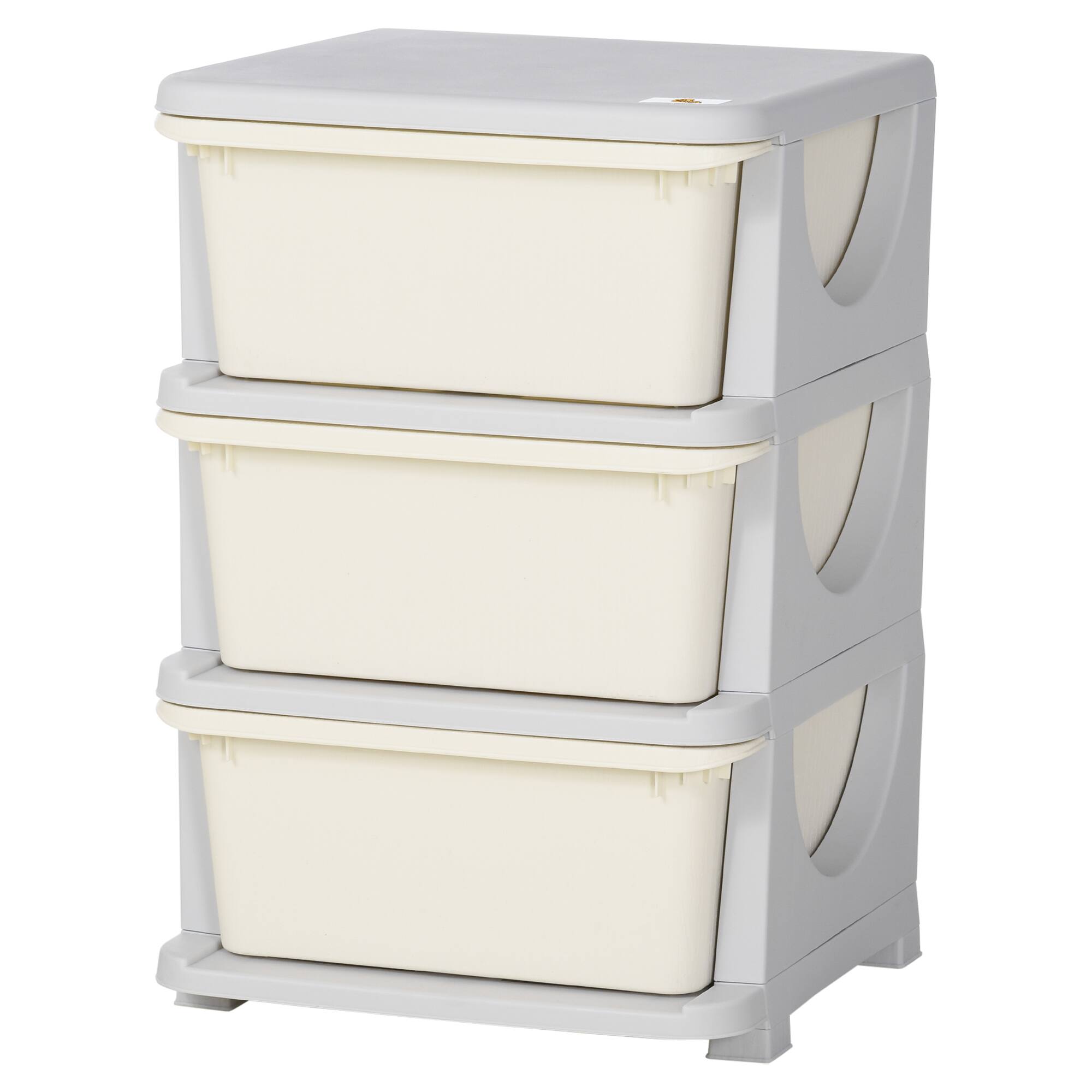 Front. Qaba - Drawers Kids Storage Unit, 3 Tier Stackable Toy Organizers and Storage Chest - Cream White.