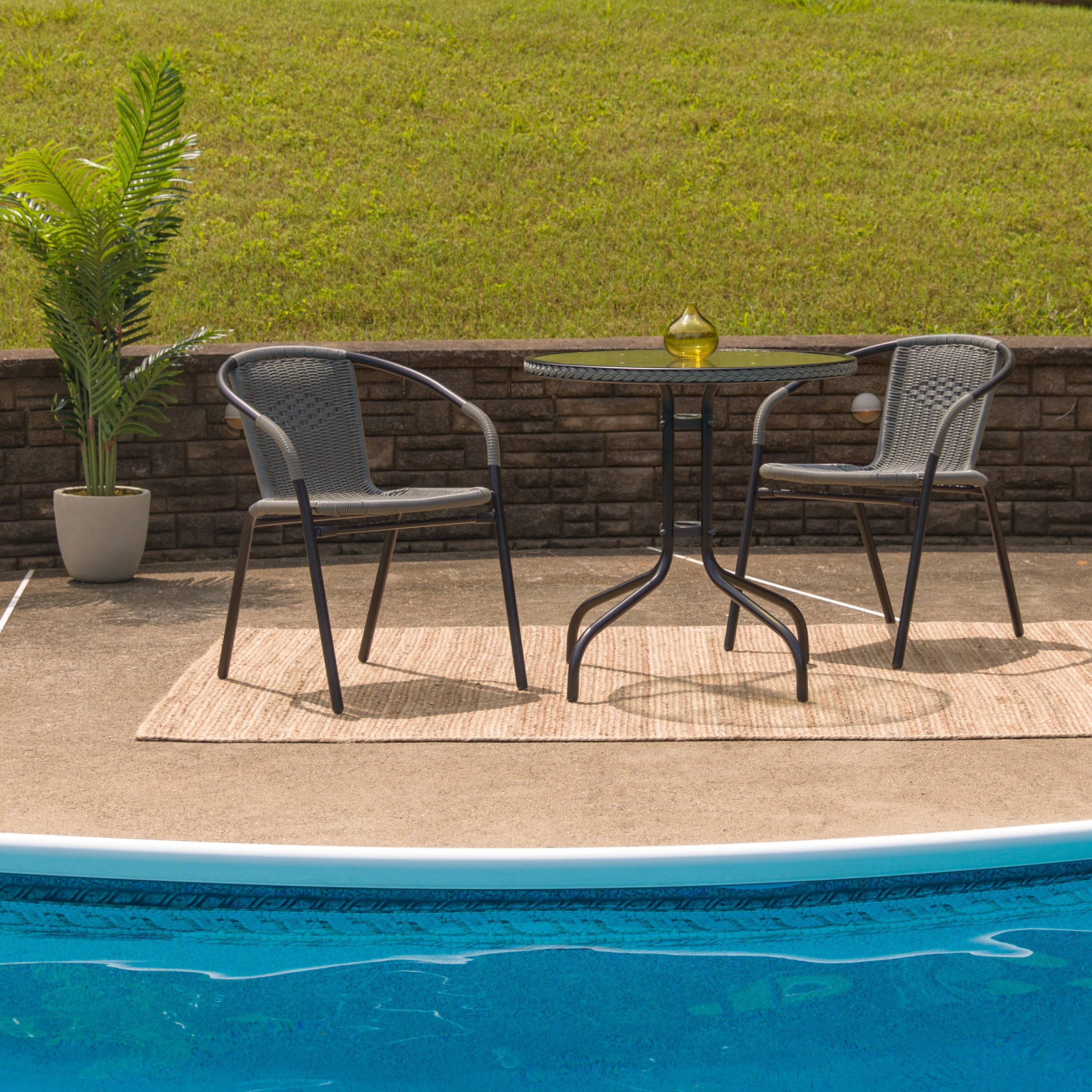 Alt View 1. Emma + Oliver - 28" Round Tempered Glass Metal Table with Rattan Edging - Clear Top/Gray Frame.