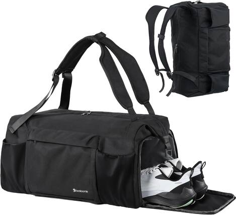 Front. Vulpecula Spade - Gym Bag for Men with Shoes Compartment and Wet Pocket Convertible Duffle Bag and Gym Backpack Waterproof Sports Bags - Black.
