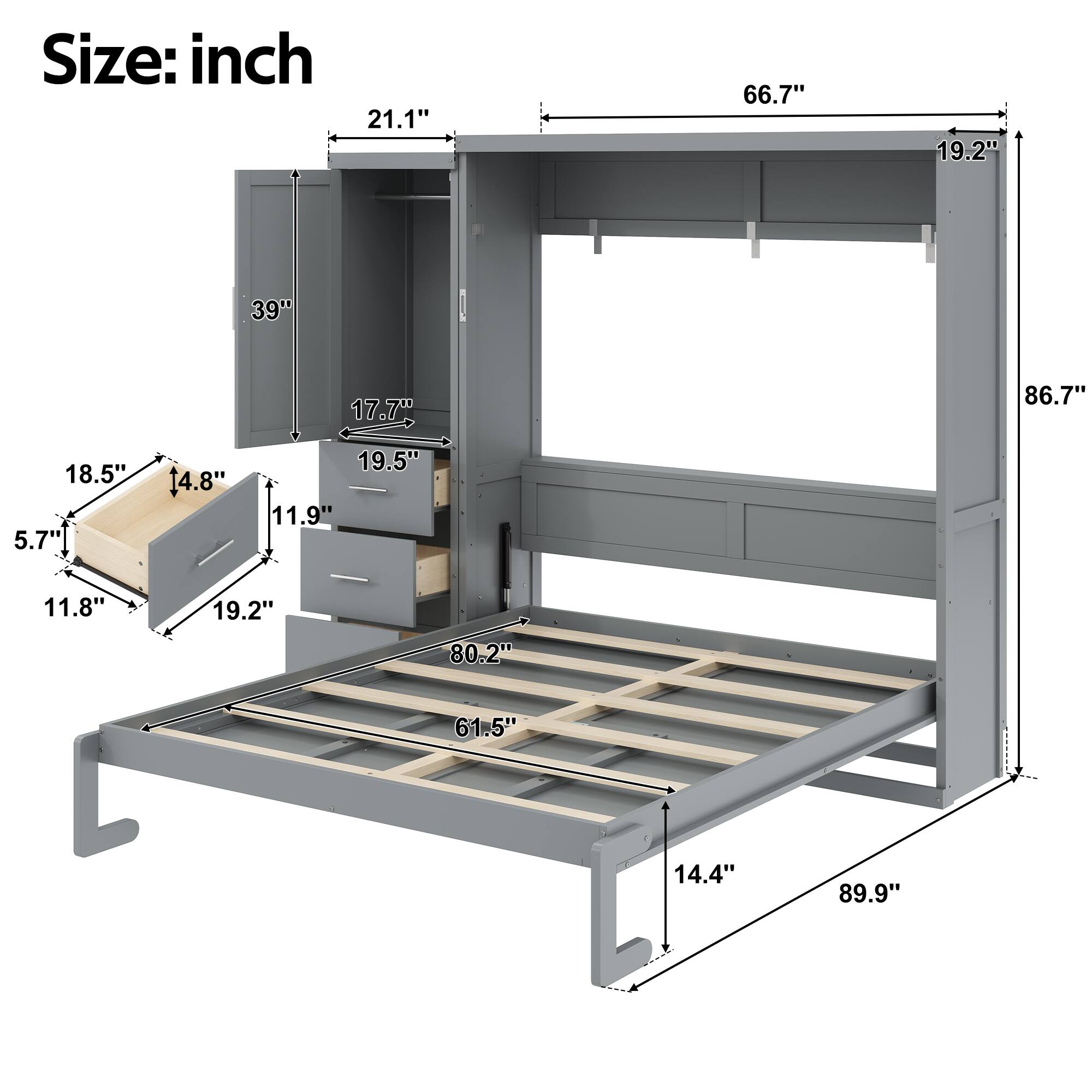 Size: inch  
21.1" 66.7" 19.2" 39" 17.7" 86.7" 18.5" 5.7" 4.8" 19.5" 11.9" 11.8" 19.2" 80.2" 61.5" 14.4" 89.9"