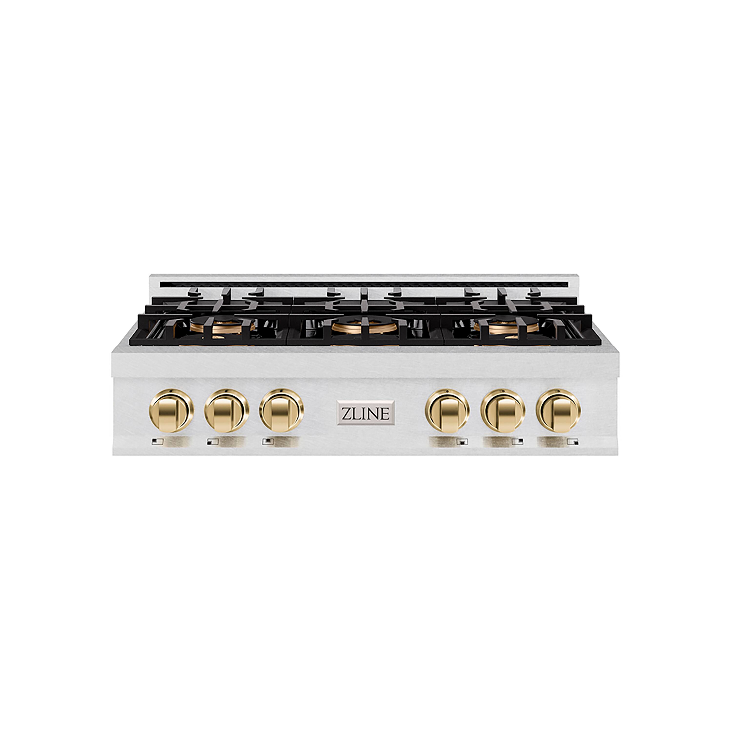 ZLINE - Autograph 36 in. Satin Steel Classic Rangetop with 6 DuoPro Burners and Gold Accents (PCRTSZ-36-G) - Satin Stainless Steel