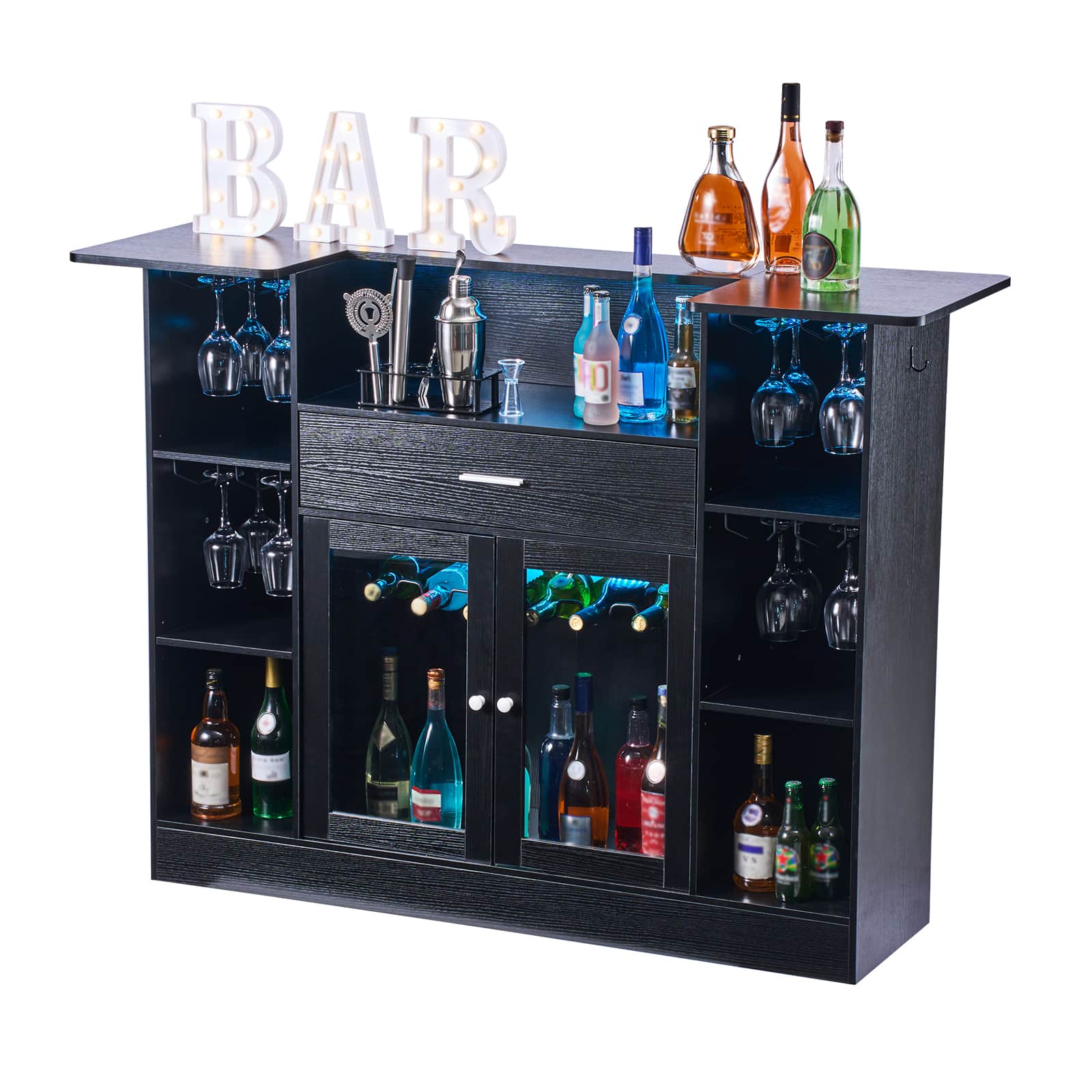 VEVOR - Home Bar Unit, Wine Bar Cabinet Table 4-Tier with Storage Drawer Shelves, Wine Glass Holder, Bottle Rack, LED Light - Black