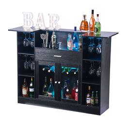 VEVOR - Home Bar Unit, Wine Bar Cabinet Table 4-Tier with Storage Drawer Shelves, Wine Glass Holder, Bottle Rack, LED Light - Black