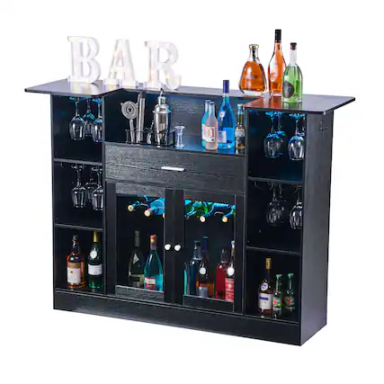 Front. VEVOR - Home Bar Unit, Wine Bar Cabinet Table 4-Tier with Storage Drawer Shelves, Wine Glass Holder, Bottle Rack, LED Light - Black.