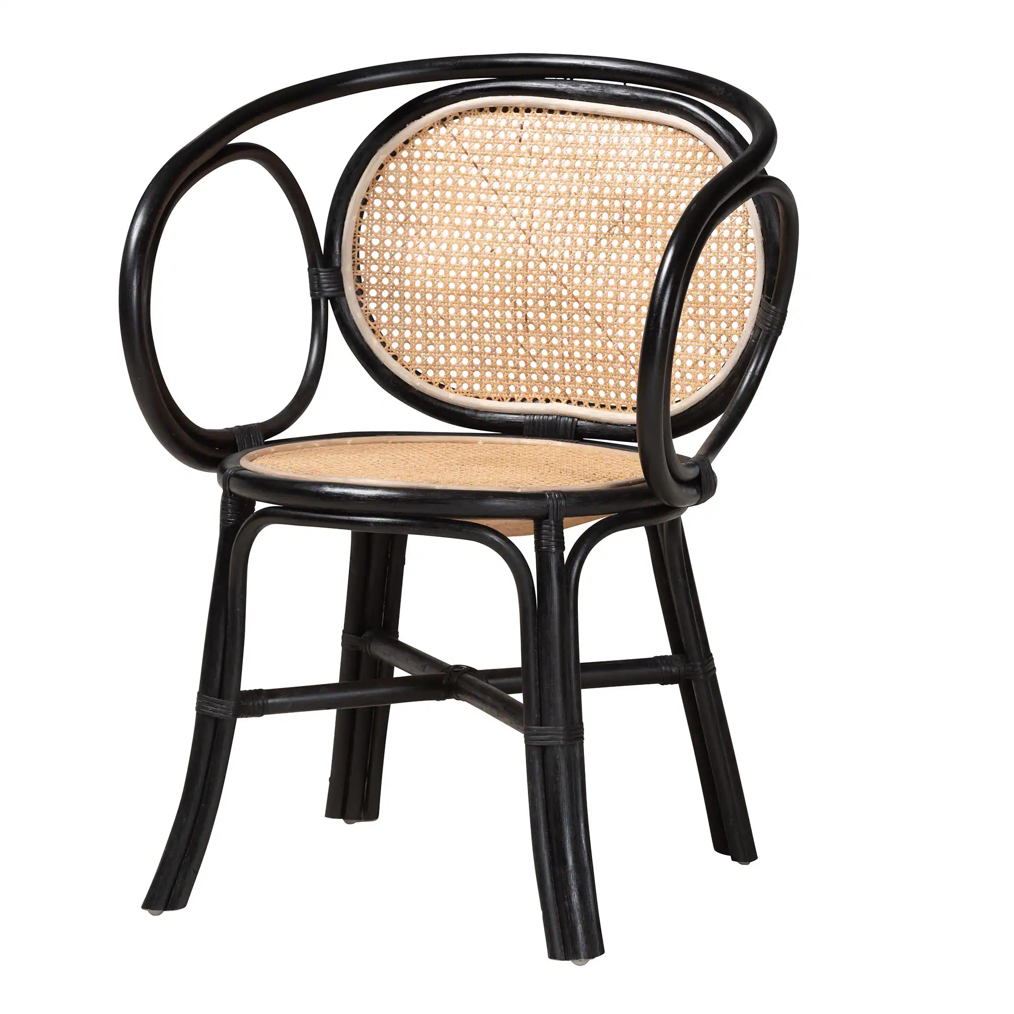 Front. bali & pari - Palesa Modern Bohemian Two-Tone and  Rattan Dining Chair - Black/Natural Brown.