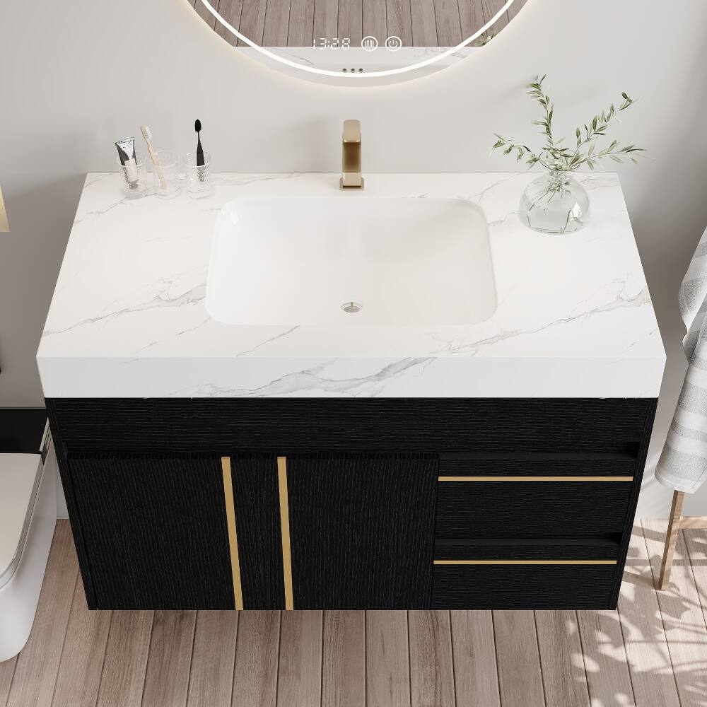 Left. Loheer - Loheer 36 inch floating bathroom vanity with ceramic sink and sintered stone top, black and white - Black, White.