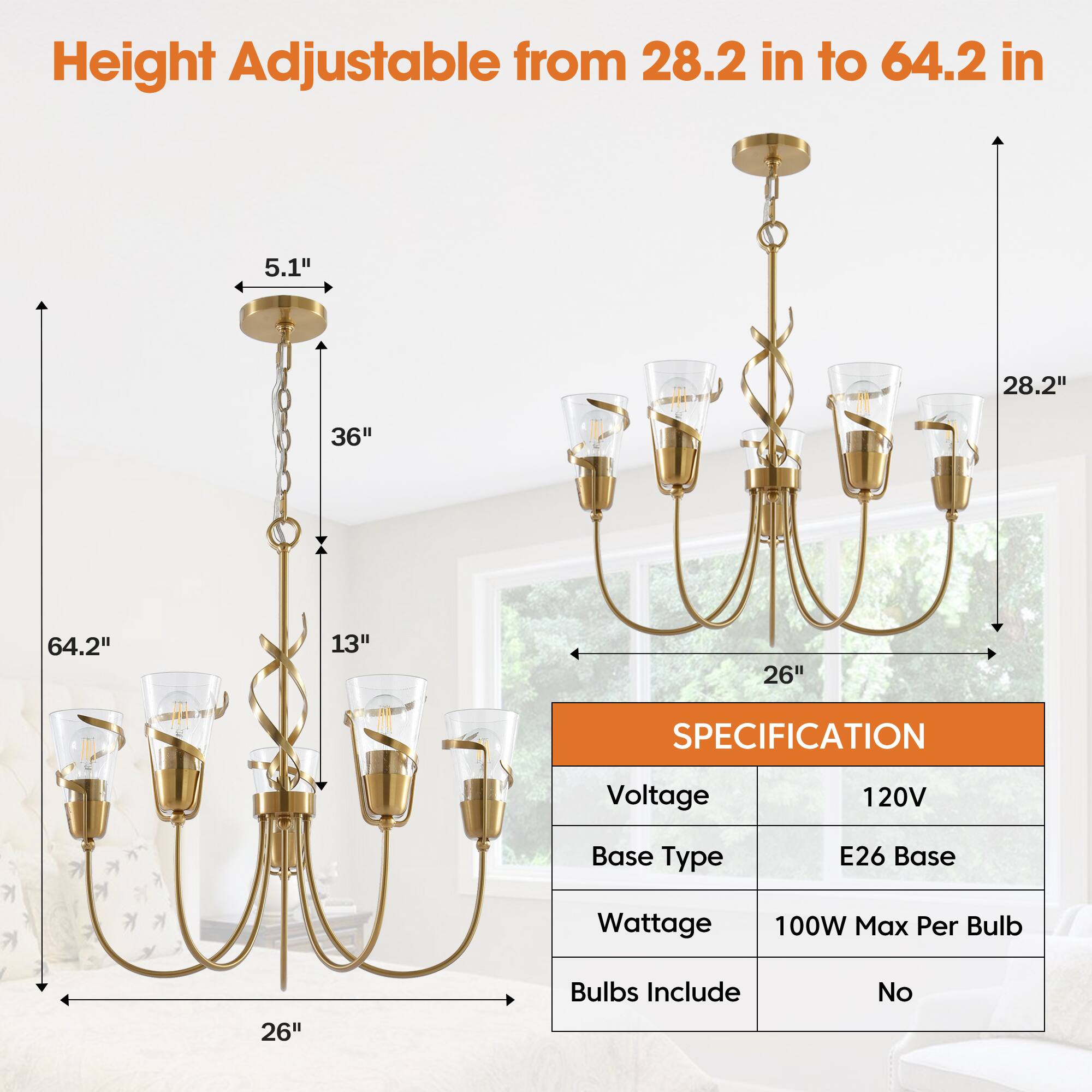 Height Adjustable from 28.2 in to 64.2 in

5.1"
28.2"
36"
64.2"
13"
26"

SPECIFICATION
Voltage: 120V
Base Type: E26 Base
Wattage: 100W Max Per Bulb
Bulbs Include: No