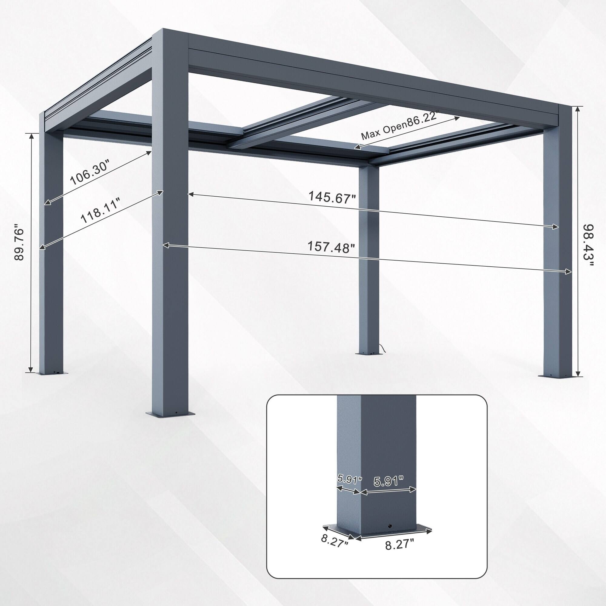 89.76"  
106.30"  
118.11"  
Max Open 86.22"  
145.67"  
157.48"  
98.43"  
5.91"  
5.91"  
8.27"  
8.27"