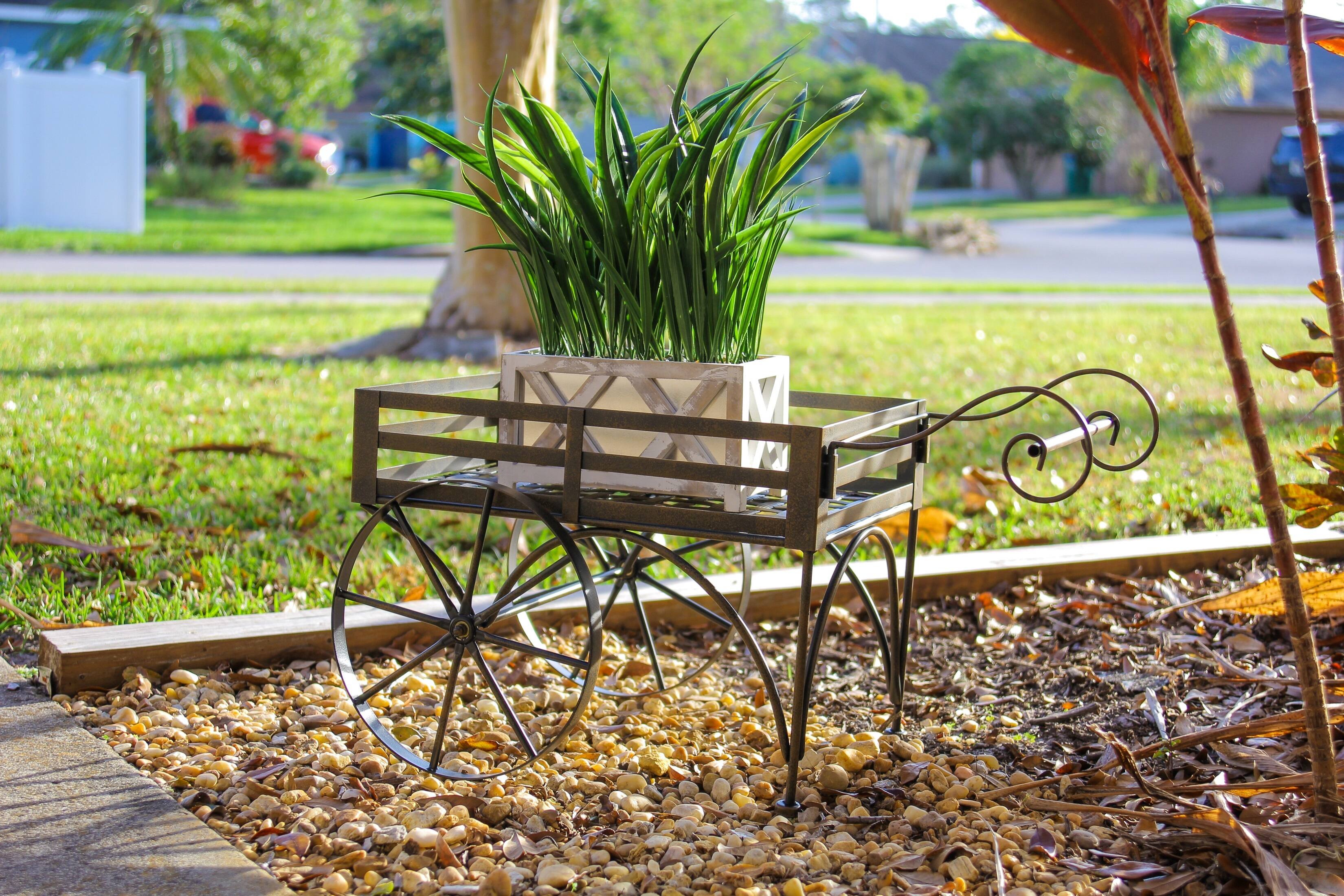 Alt View 7. Zeckos - 26 Inch Rustic Metal Wagon Cart Plant Stand Flower Holder Patio Art Garden Decor - Brown.