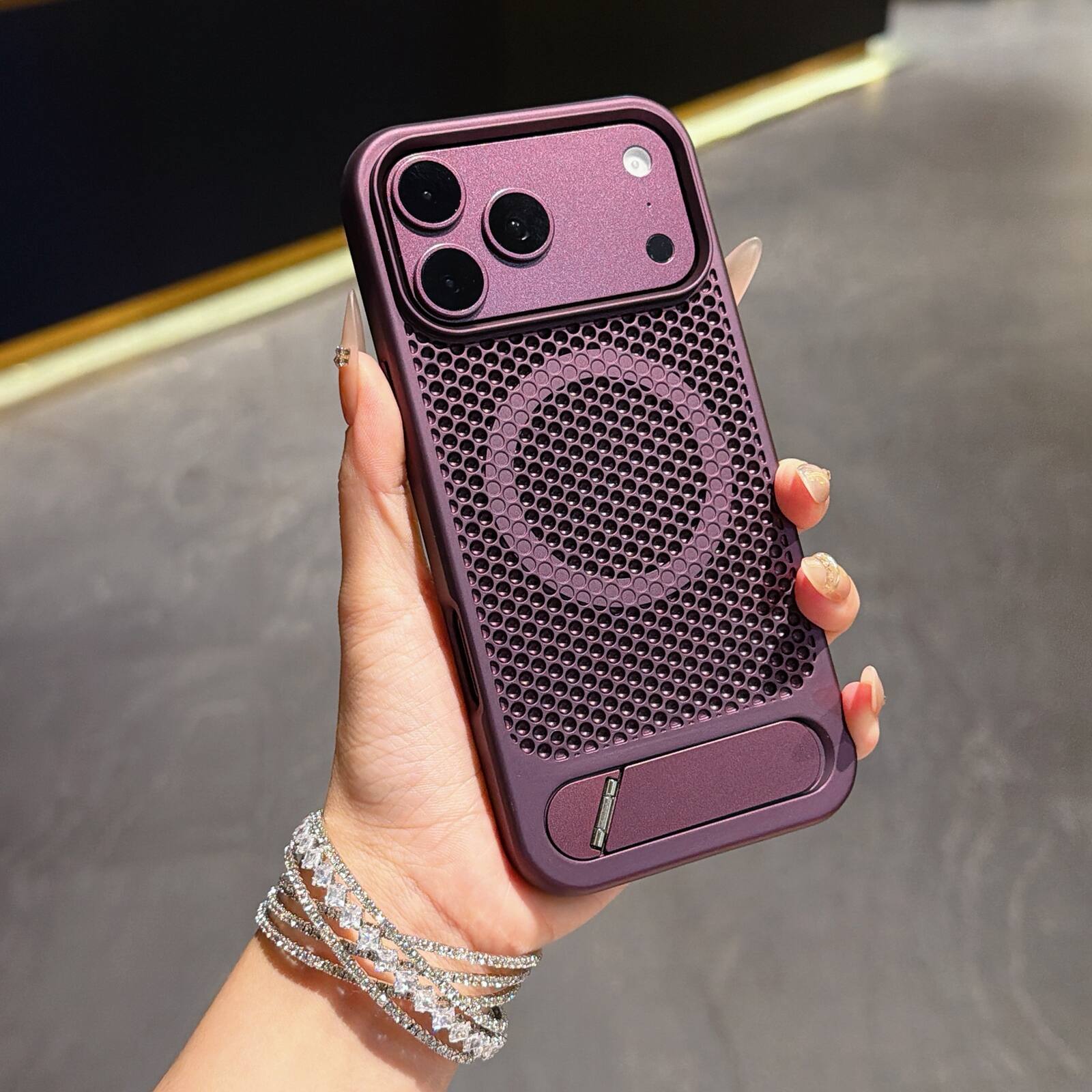 Angle. Dteck - Heat Dissipation Case for Apple iPhone 18 Pro with Foldable Hidden Kickstand,Shock-absorbent TPU Frame Hard PC Cover - Cherryred.