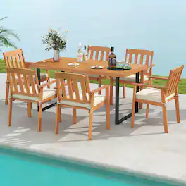 Costway - 7PCS Patio Dining Table Set, 63" Table & 6 Acacia Wood Armchairs with Umbrella Hole - Natural,Black
