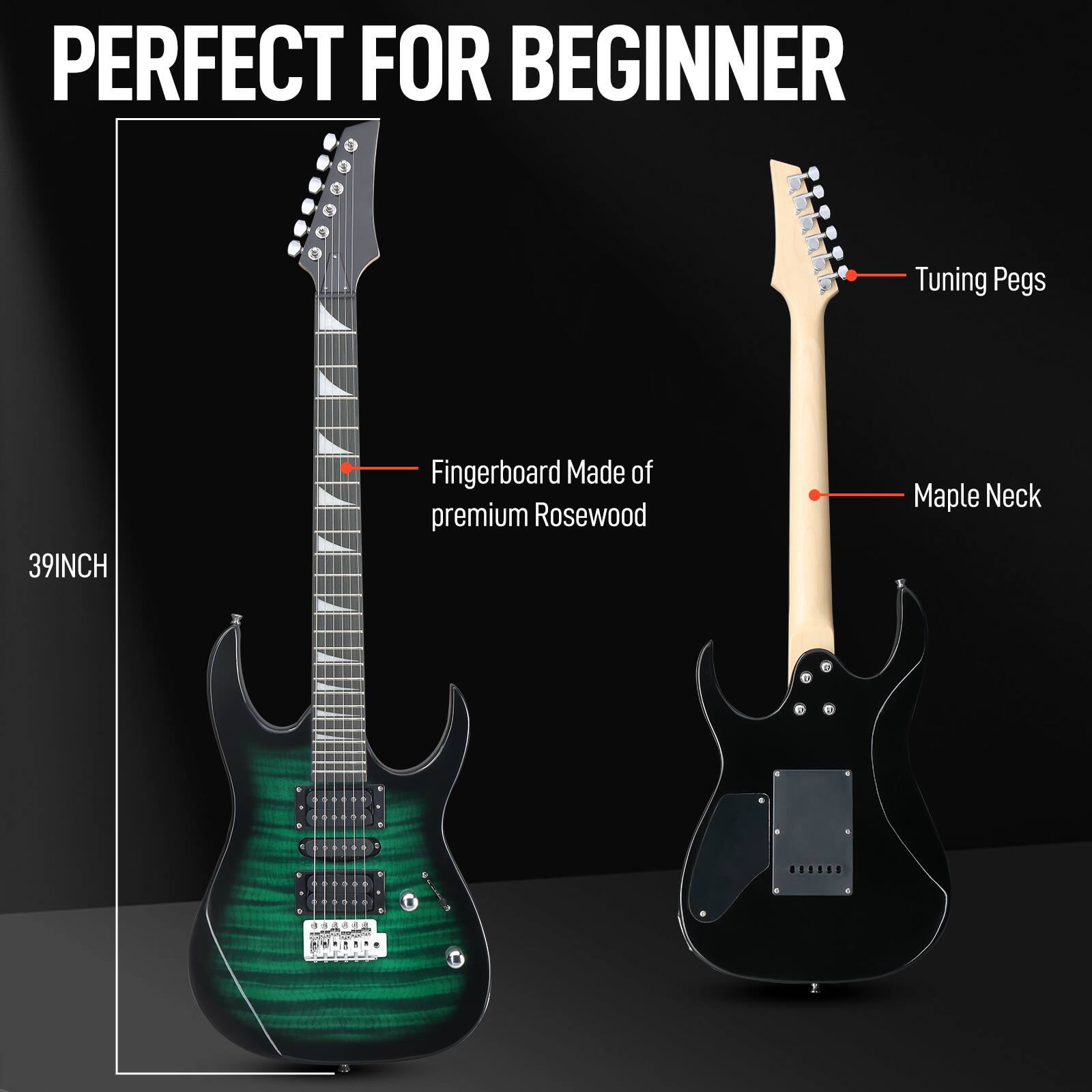 PERFECT FOR BEGINNER

- Tuning Pegs
- Fingerboard Made of premium Rosewood
- Maple Neck
- 39INCH