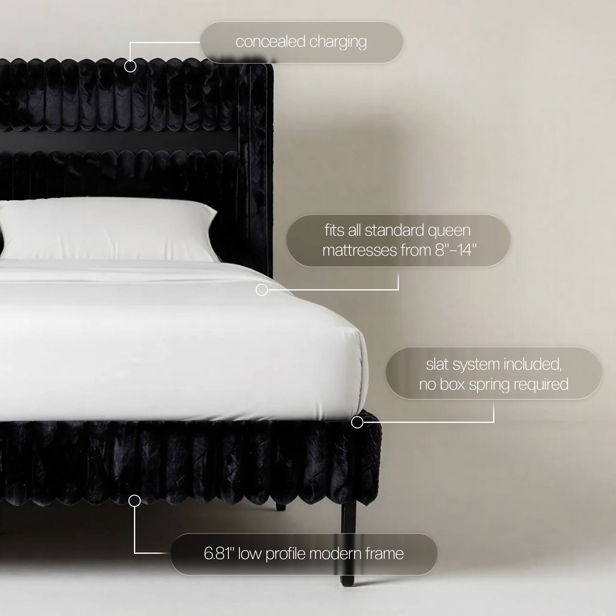 - concealed charging
- fits all standard queen mattresses from 8"-14"
- slat system included, no box spring required
- 6.81" low profile modern frame