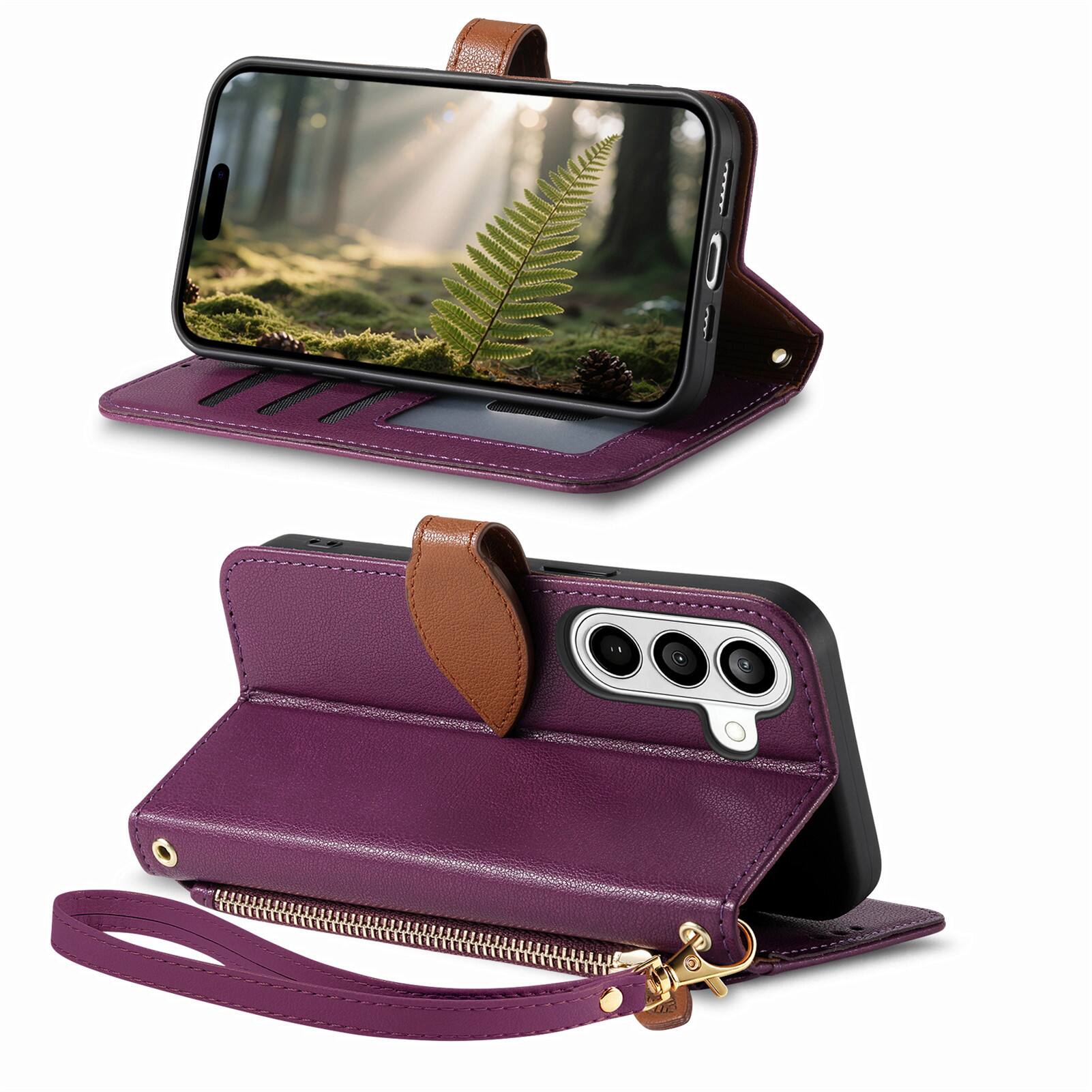 Left. Dteck - for Samsung Galaxy S26+ Wallet Case,PU Leather Flip Zipper Card Slot Leaf-Buckle Shockproof Cover with Wrist Strap - Purple.