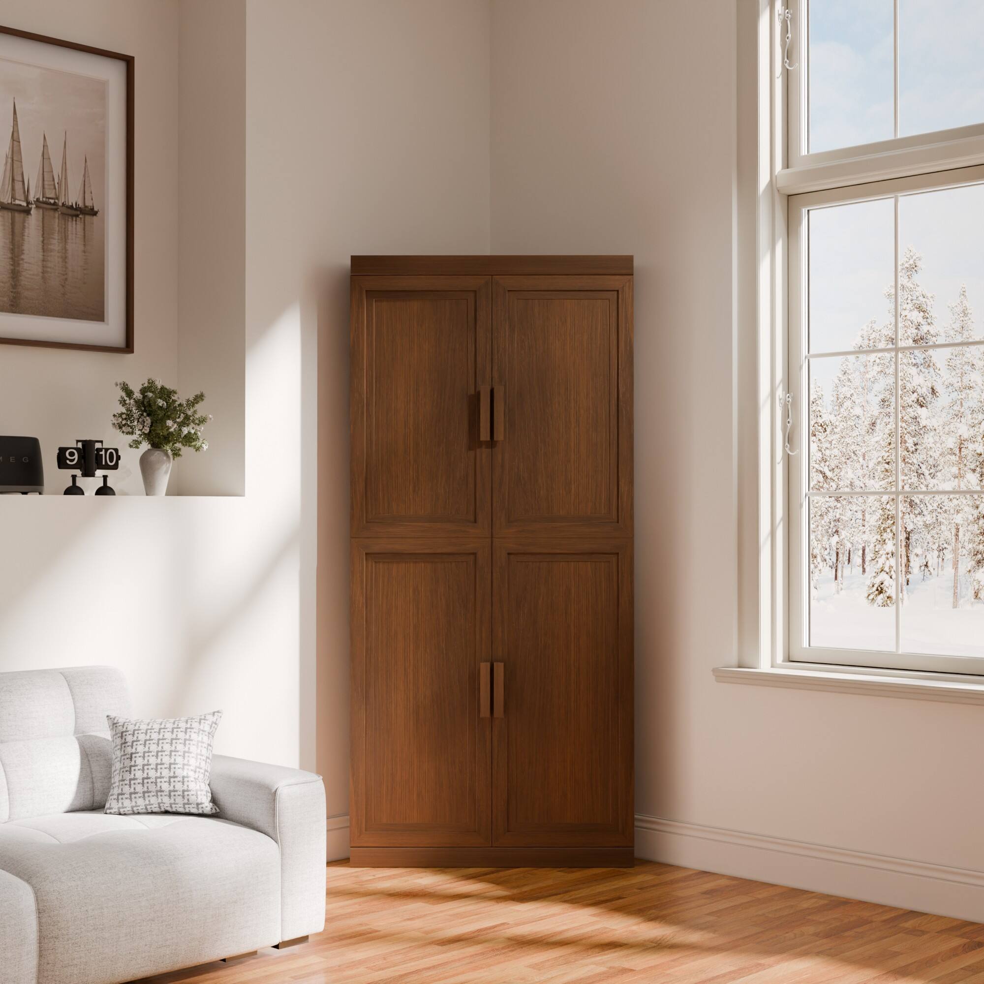 Alt View 1. PexFix - 67" Farmhouse Corner Accent Storage Cabinet with Solid Wood Doors and Adjustable Shelves for Space-Saving - Walnut.