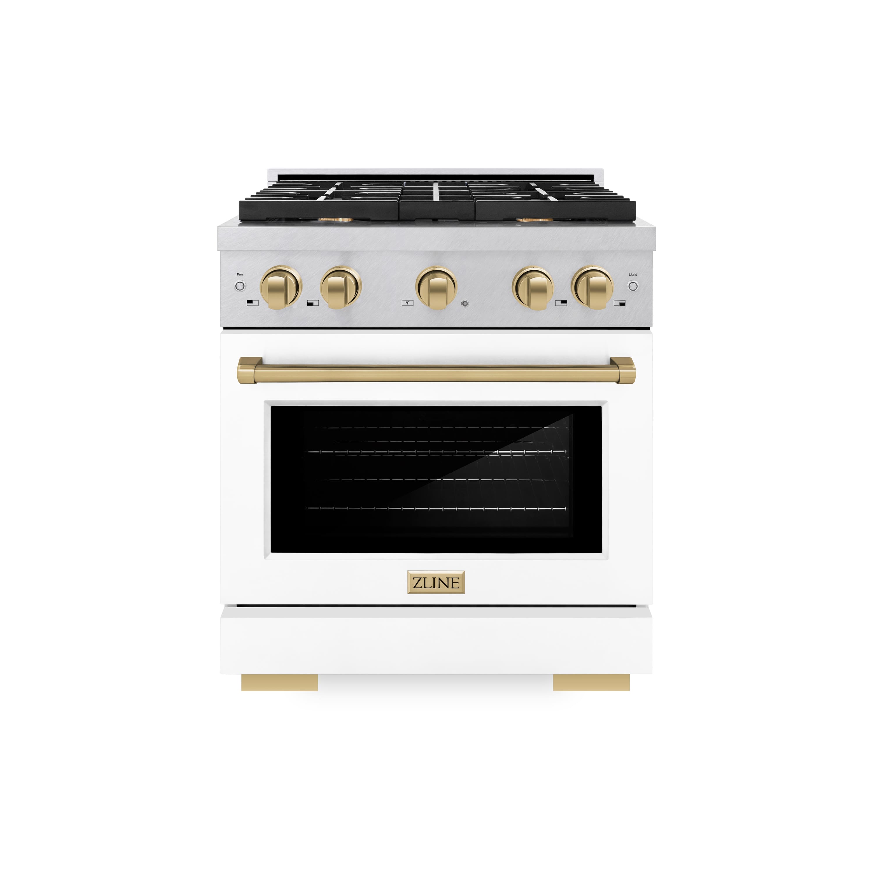 Front. ZLINE - ZLINE Autograph 30 in. Paramount Satin Steel Gas Range with Bronze Accents (SGRSZ-WM-30-CB) - White Matte.