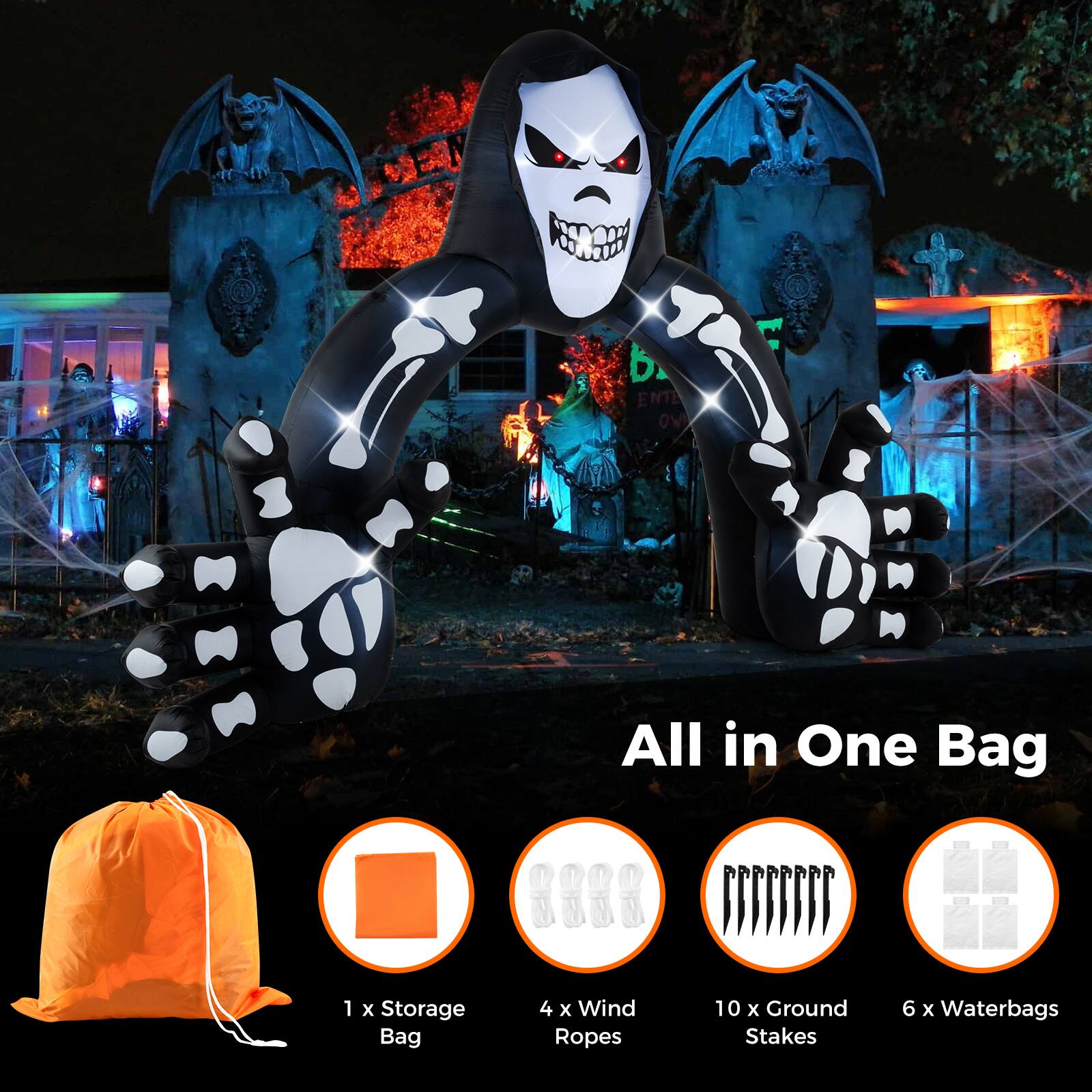 All in One Bag: 1 x Storage Bag, 4 x Wind Ropes, 10 x Ground Stakes, 6 x Waterbags
