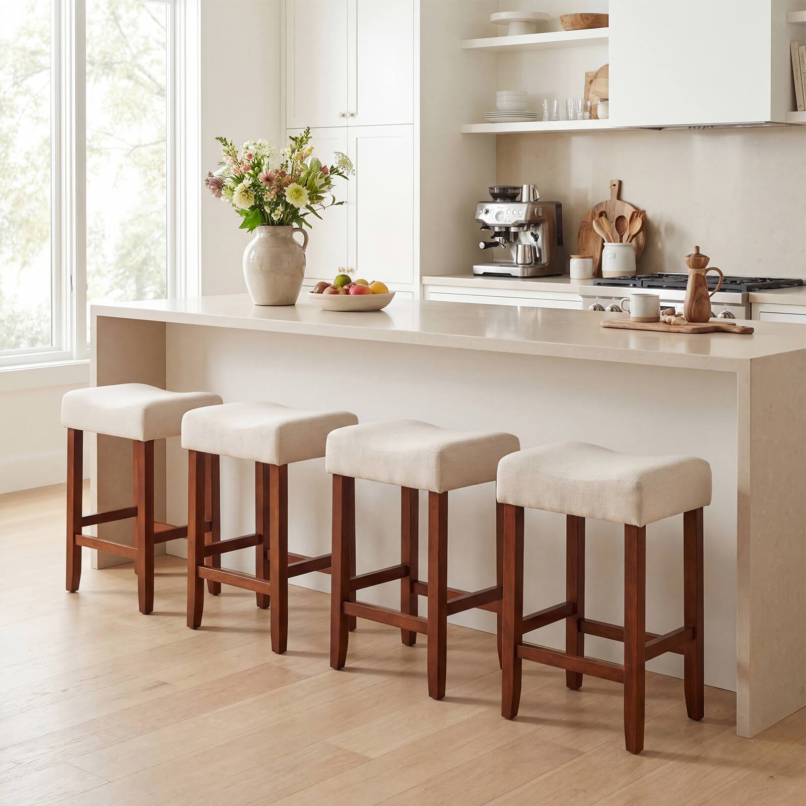 Alt View 3. Costway - Costway Set of 2 Bar Stools Counter Height Saddle Kitchen Chairs with Wooden Legs - Off White + Brown.