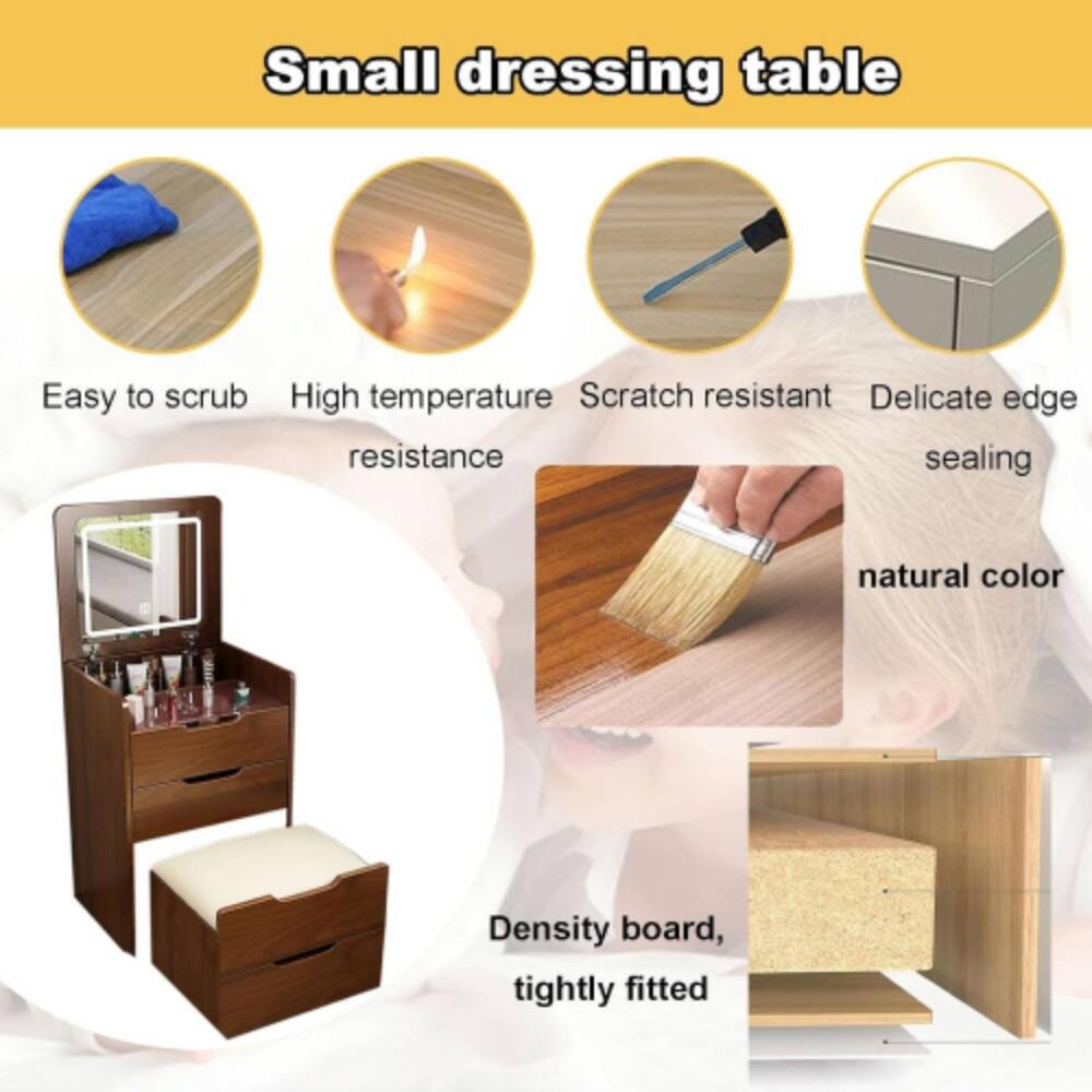 Small dressing table

- Easy to scrub
- High temperature resistance
- Scratch resistant
- Delicate edge sealing
- Natural color
- Density board, tightly fitted