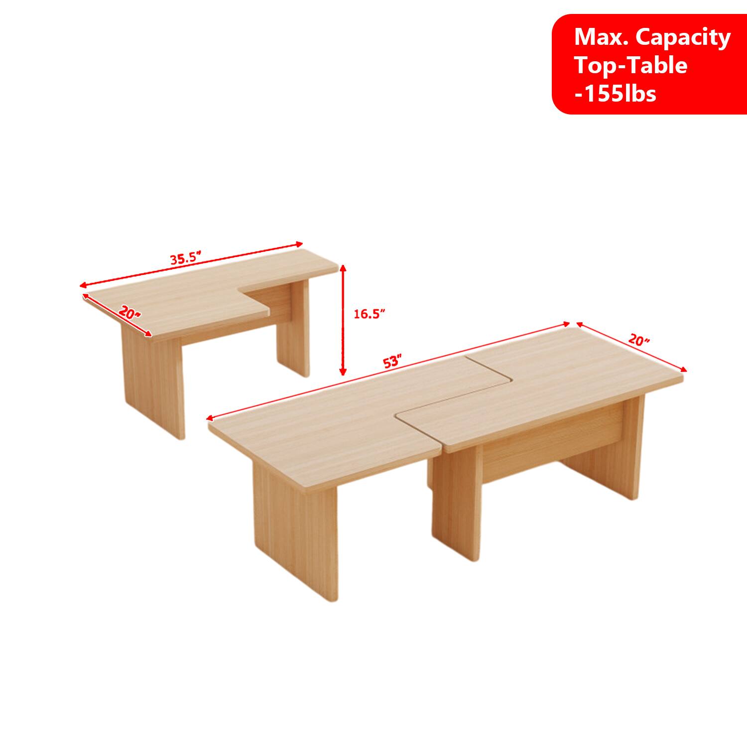 Max. Capacity Top-Table -155lbs  
35.5" x 20" x 16.5"  
53" x 20"