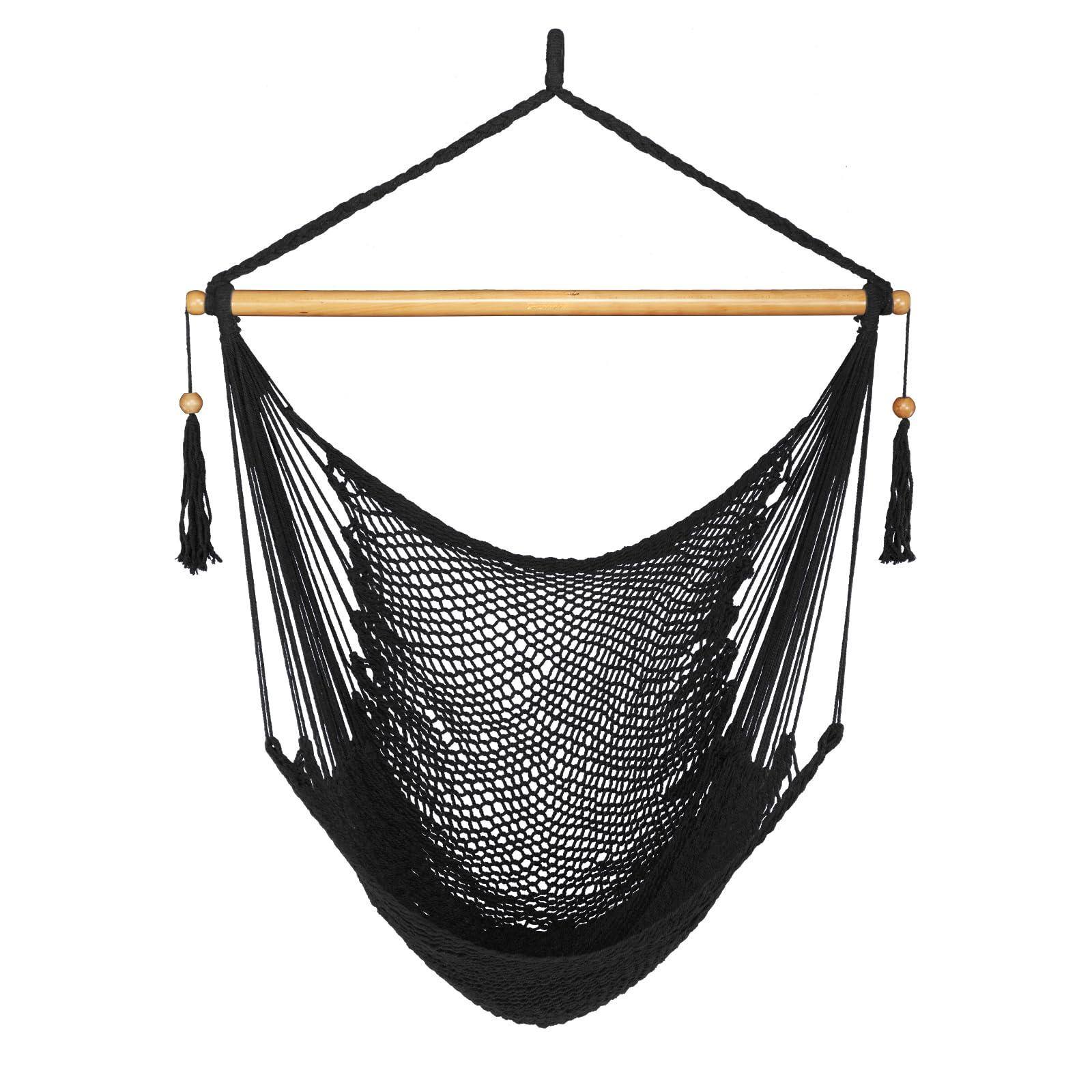 JETRANSPORT - Hammock Chair With Spreader Bar Caribbean Swing 300 Lbs Weight Capacity Xl Rope Hanging For Outdoor Indoor - Black