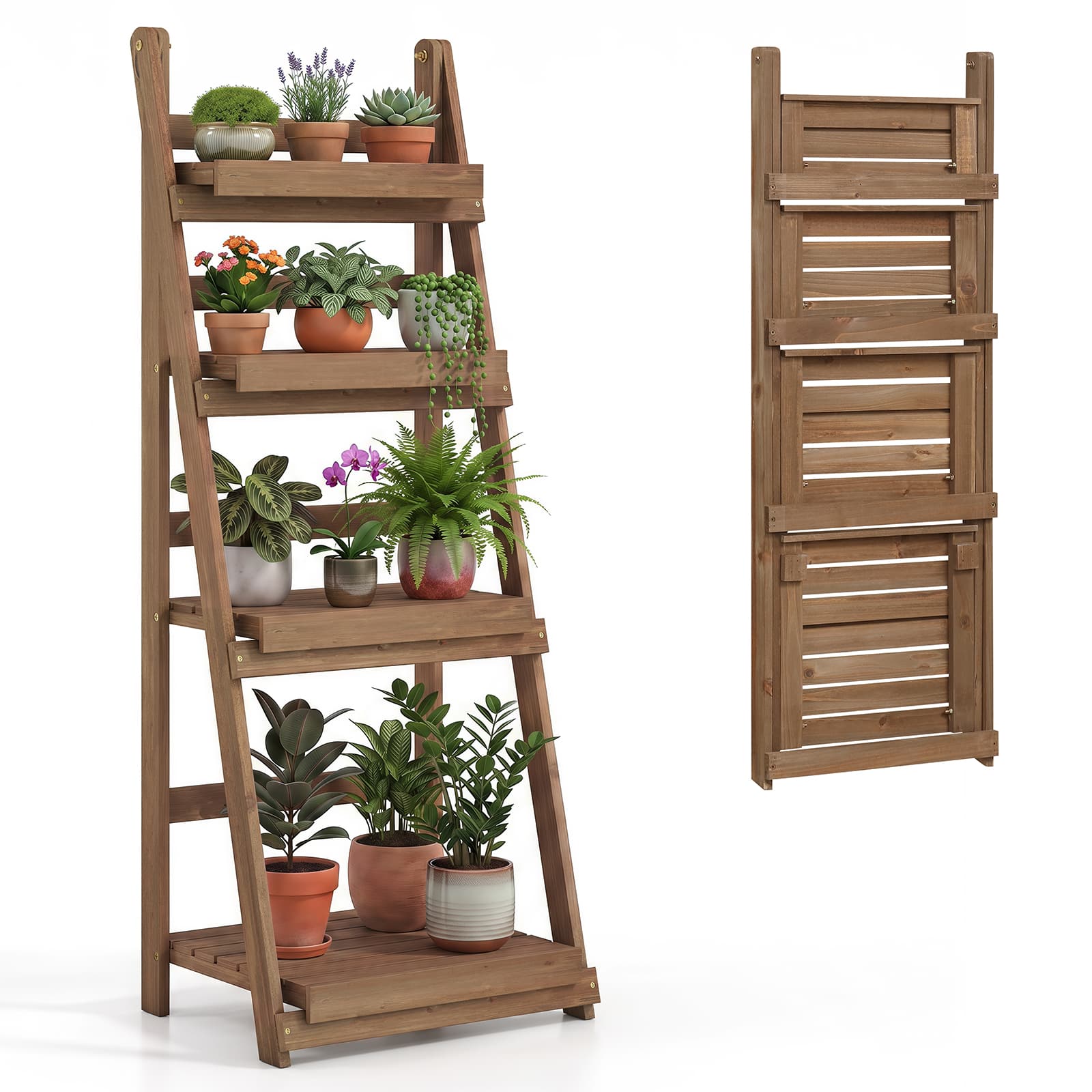 Costway - 4-Tier Plant Stand Foldable Ladder Plant Shelf with Slatted Shelves, Fir Wood Frame - Brown