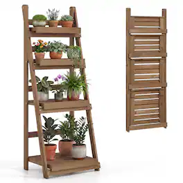 Costway - 4-Tier Plant Stand Foldable Ladder Plant Shelf with Slatted Shelves, Fir Wood Frame - Brown