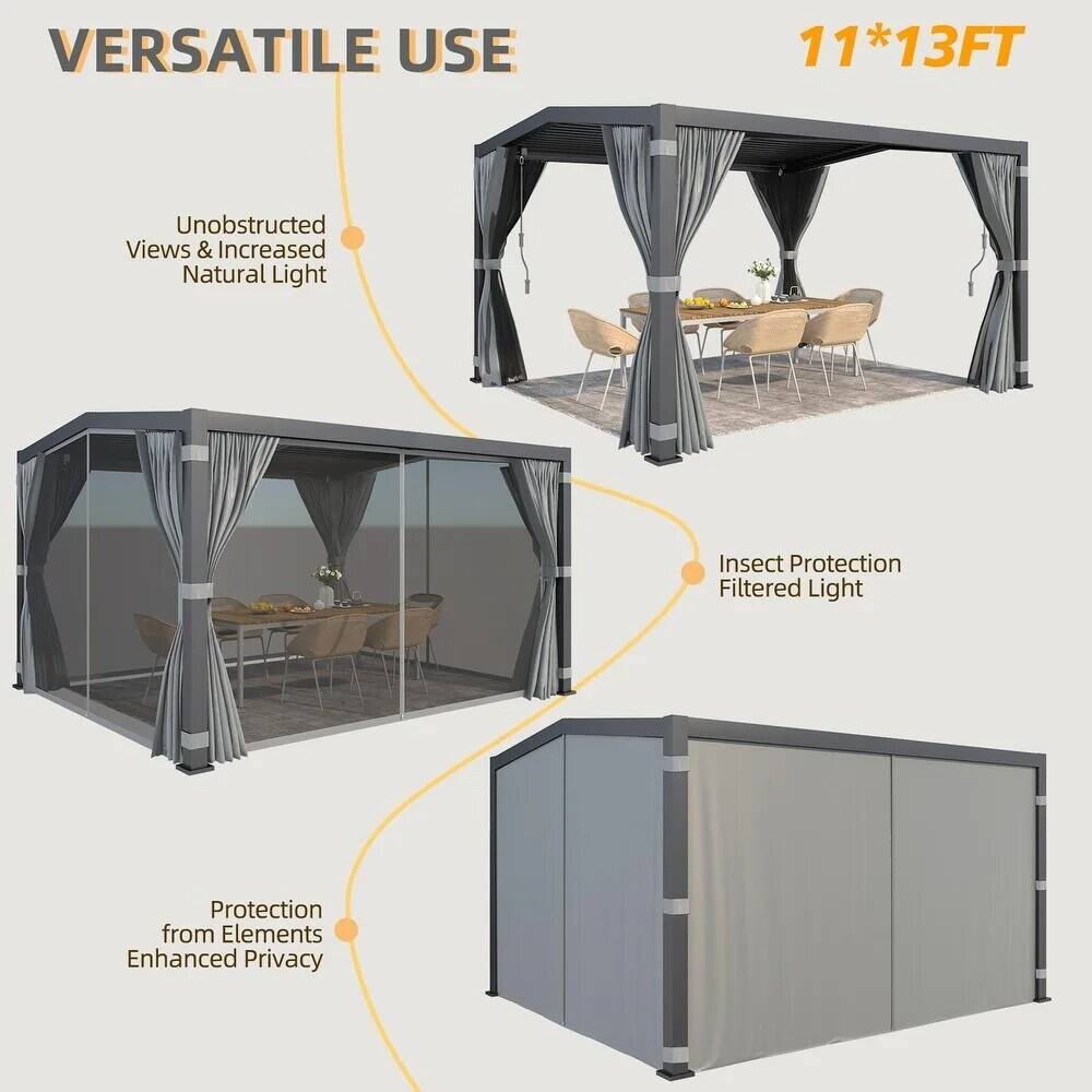 VERSATILE USE

11*13FT

- Unobstructed Views & Increased Natural Light
- Insect Protection
- Filtered Light
- Protection from Elements
- Enhanced Privacy