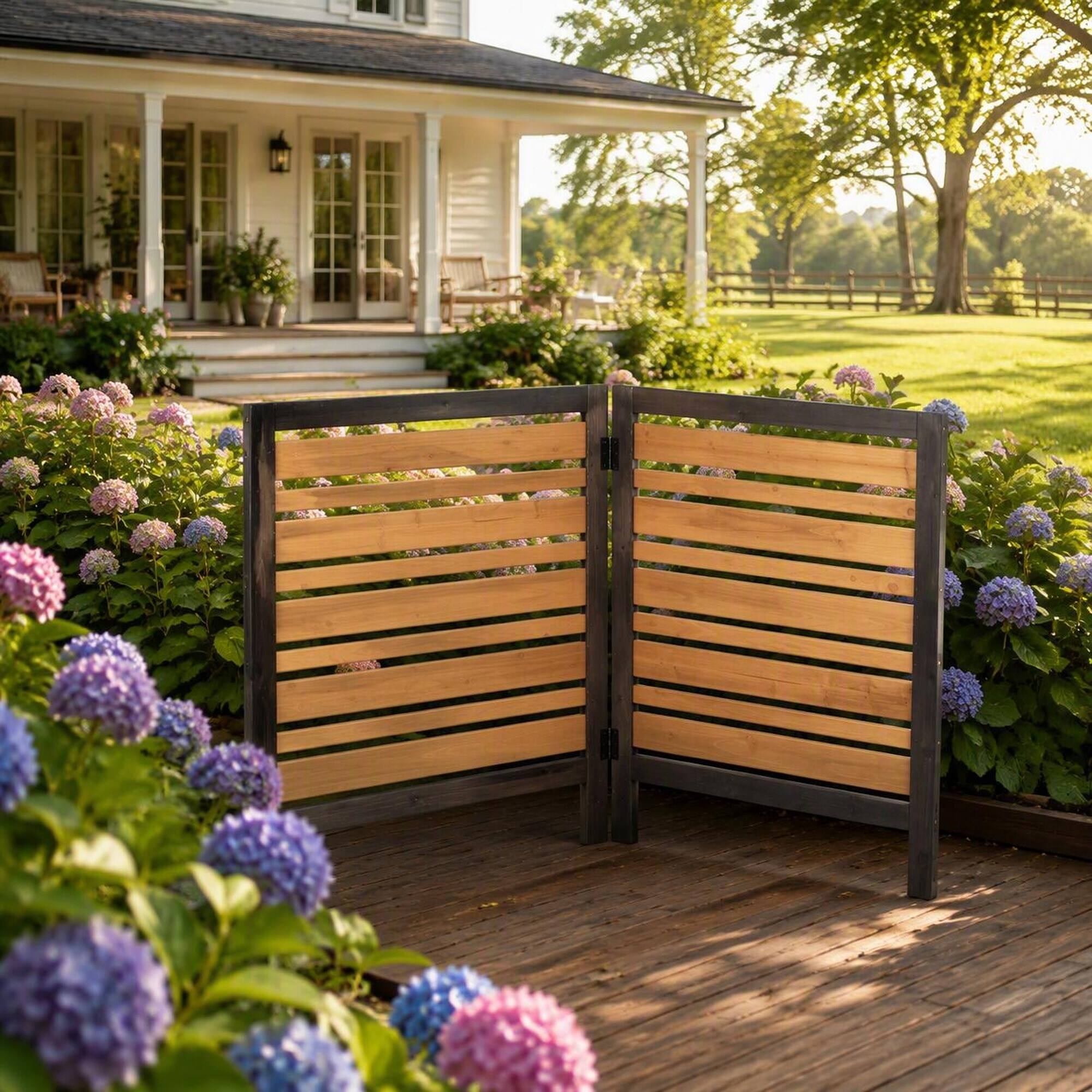 Left. RYHNUYNE - Outdoor Wood Privacy Fence Screen for Air Conditioner, 3 Panels 38x42 Inch Natural Solid Wood Patio Garden - Black+Gold.