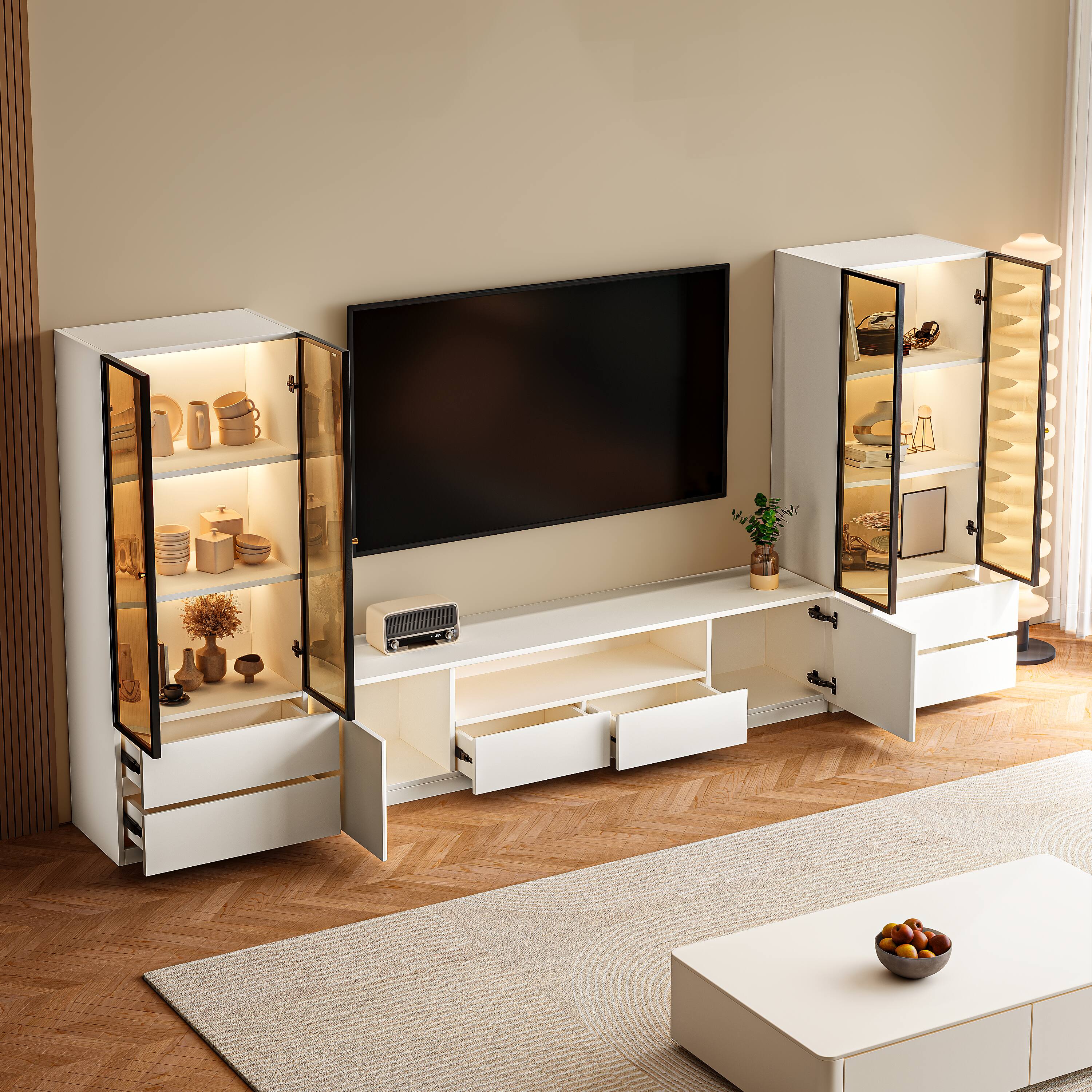 Alt View 2. MSOOB - 126 Inch White Modern Media Console Includes TV Stands And 2 Lighted Glass Display Cabinet - White.