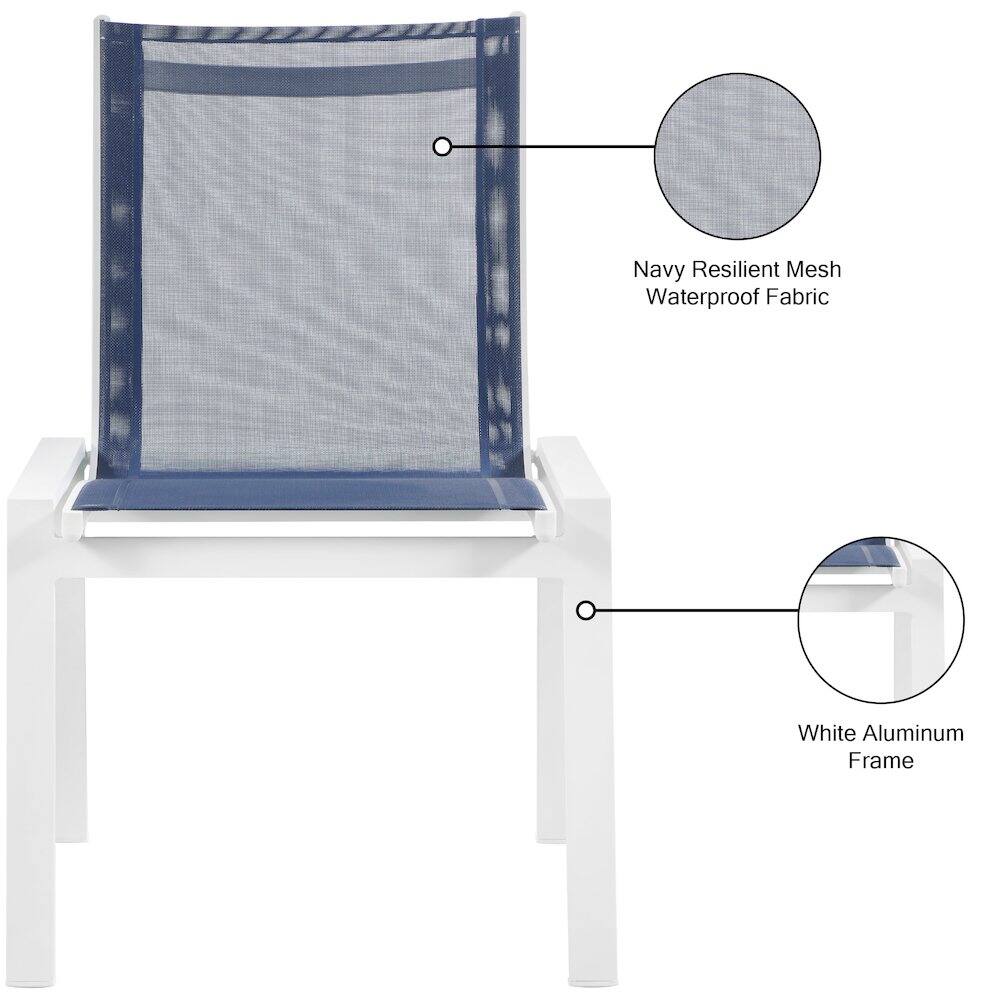 Navy Resilient Mesh Waterproof Fabric  
White Aluminum Frame