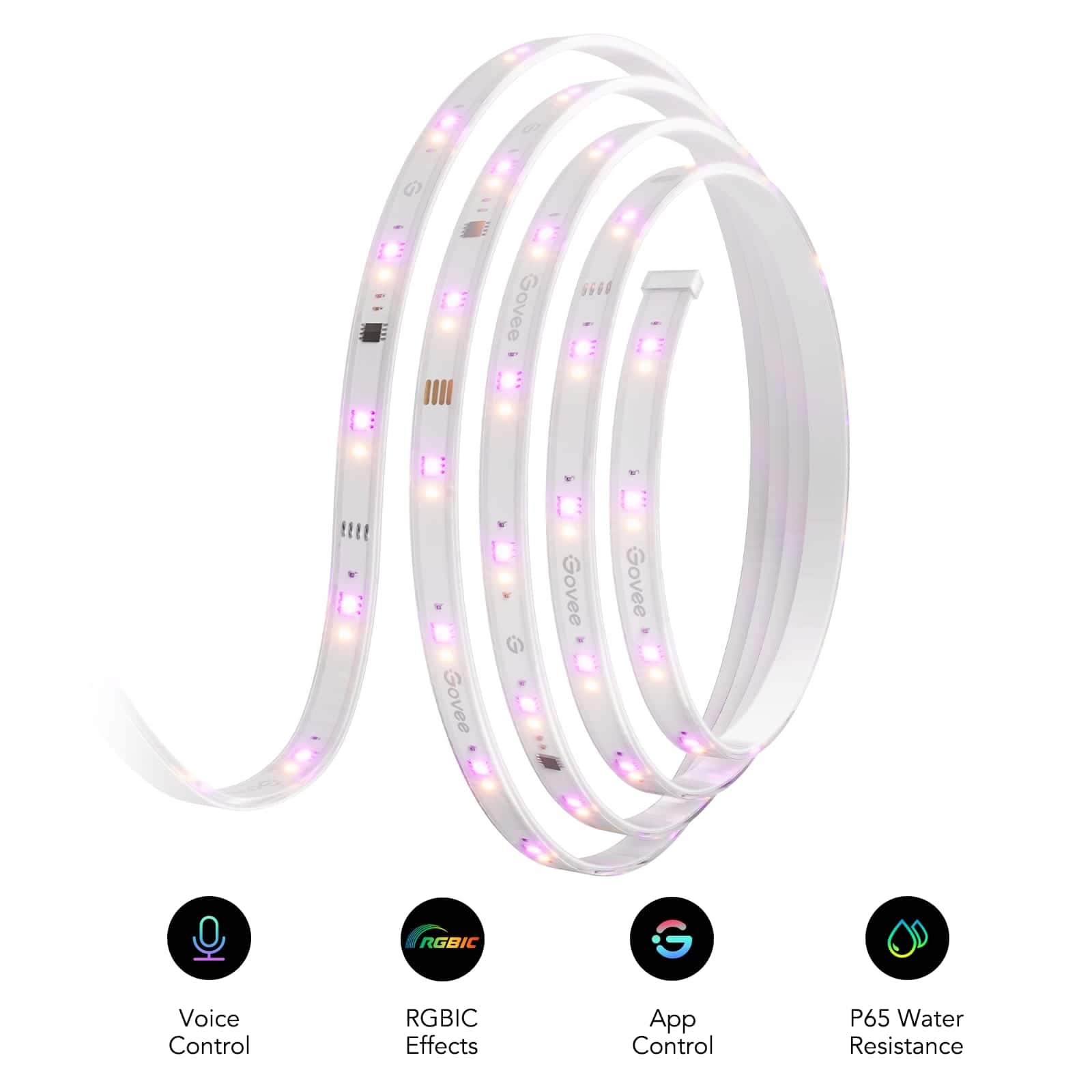 The text on the image is grouped and corrected as follows:
1. Voice Control: Govee 5666 W LED strip lights with voice control feature.
2. RGBIC Effects: Govee 5666 W LED strip lights with RGBIC effects.
3. App Control: Govee 5666 W LED strip lights with app control.
4. P65 Water Resistance: Govee 5666 W LED strip lights with P65 water resistance.