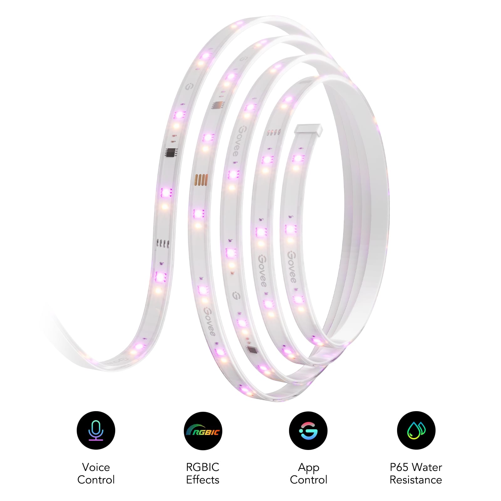 The text on the image is grouped and corrected as follows:

1. Voice Control: Govee 5666 W LED strip lights with voice control feature.
2. RGBIC Effects: Govee 5666 W LED strip lights with RGBIC effects.
3. App Control: Govee 5666 W LED strip lights with app control.
4. P65 Water Resistance: Govee 5666 W LED strip lights with P65 water resistance.