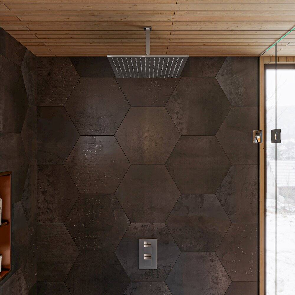 Left. Alfi - Brushed Nickel Square Knob 1 Way Thermostatic Shower Mixer - Silver.