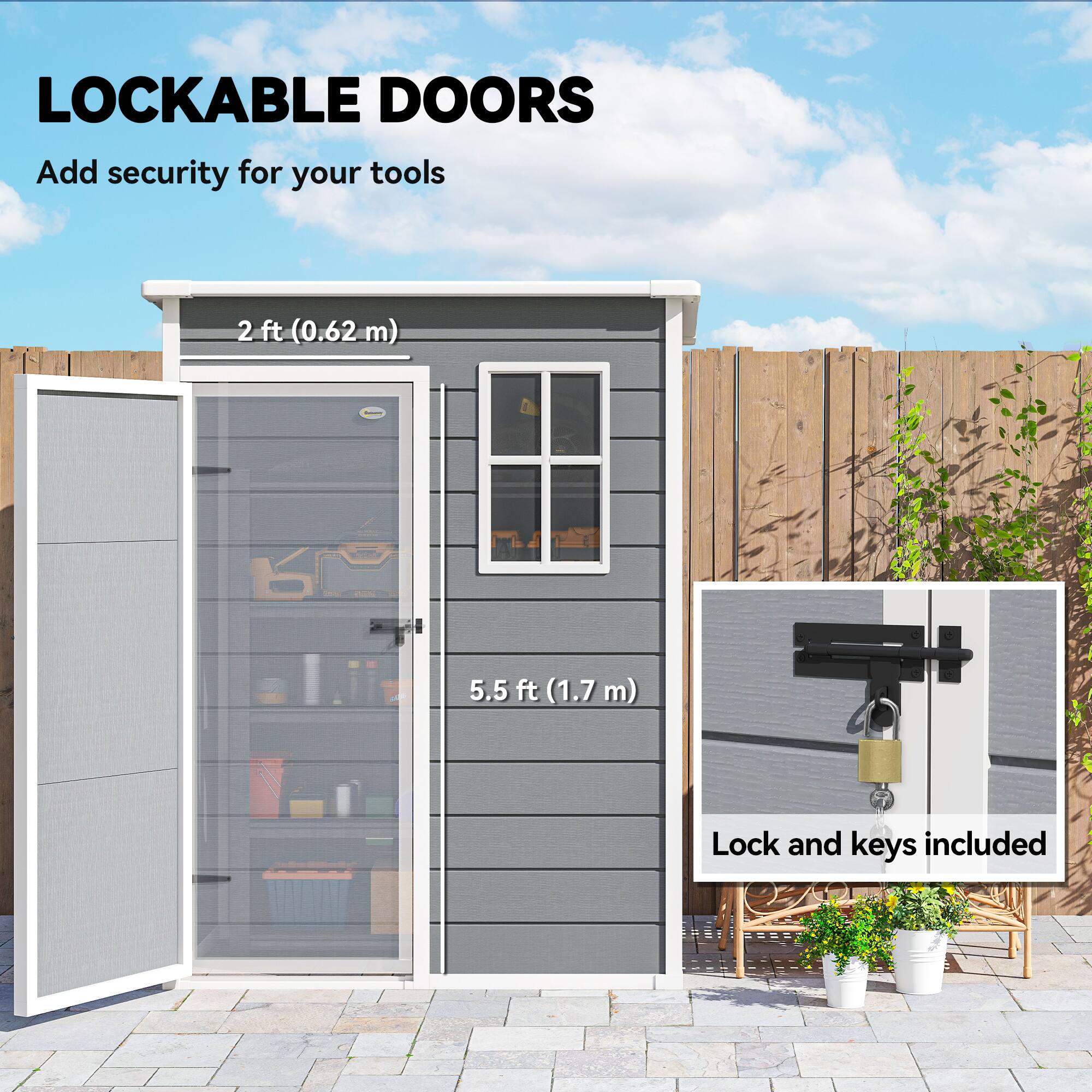 LOCKABLE DOORS  
Add security for your tools  

2 ft (0.62 m)  
5.5 ft (1.7 m)  

Lock and keys included