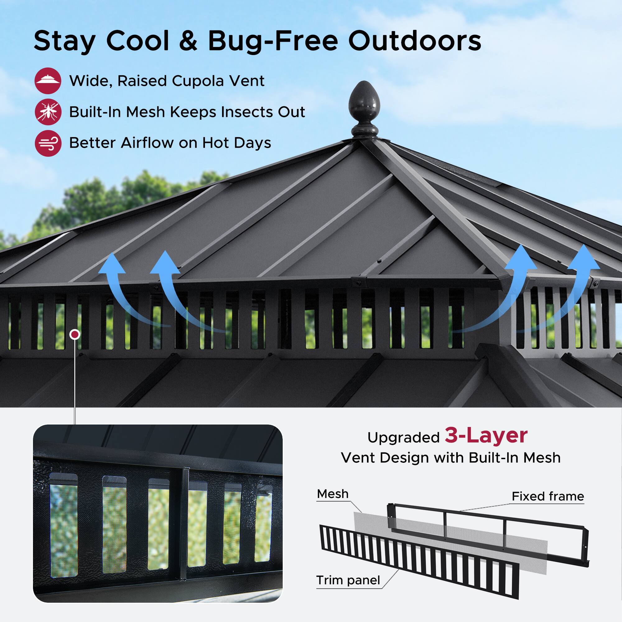 Stay Cool & Bug-Free Outdoors

- Wide, Raised Cupola Vent
- Built-In Mesh Keeps Insects Out
- Better Airflow on Hot Days

Upgraded 3-Layer Vent Design with Built-In Mesh

- Mesh
- Fixed frame
- Trim panel