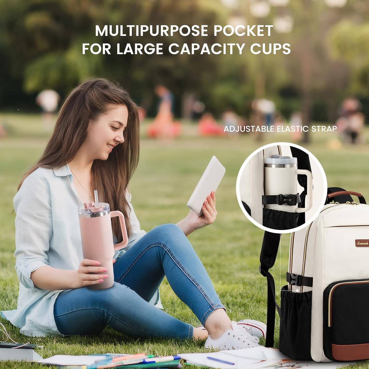 MULTIPURPOSE POCKET FOR LARGE CAPACITY CUPS  
ADJUSTABLE ELASTIC STRAP
