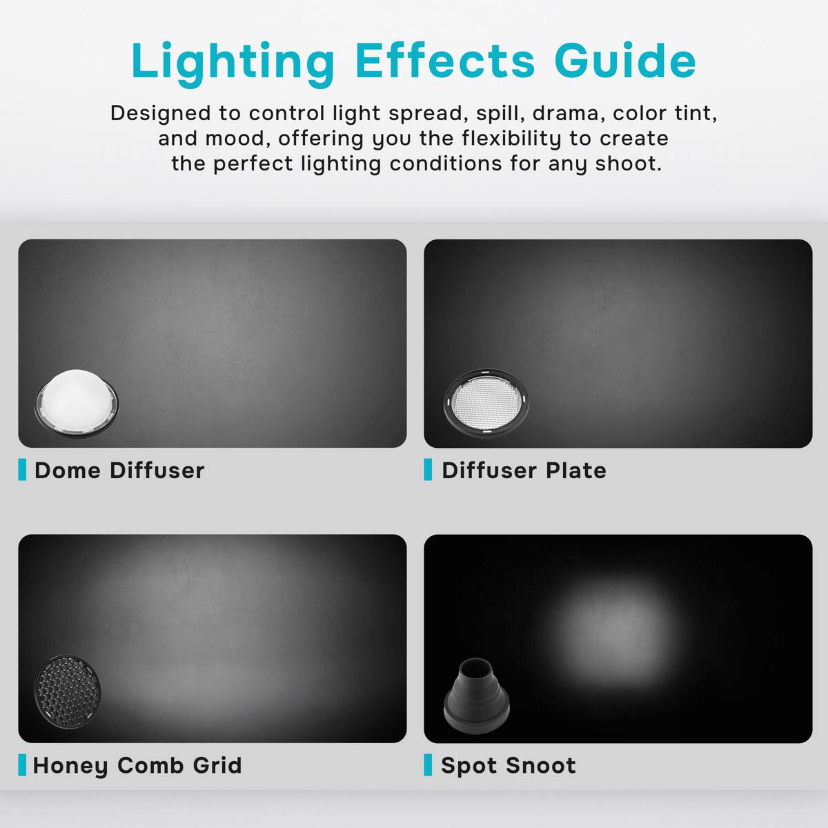 Lighting Effects Guide  
Designed to control light spread, spill, drama, color tint, and mood, offering you the flexibility to create the perfect lighting conditions for any shoot.  

- Dome Diffuser  
- Diffuser Plate  
- Honey Comb Grid  
- Spot Snoot