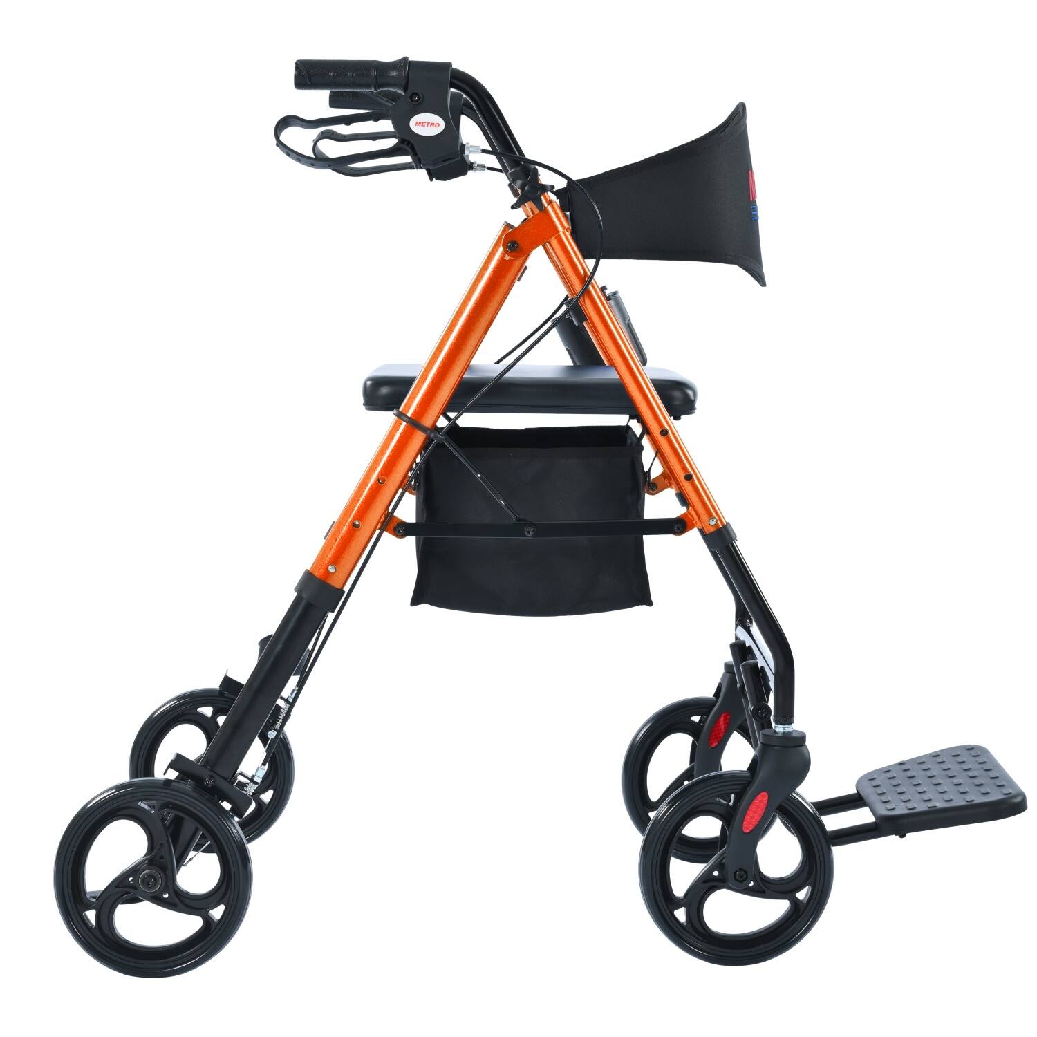 Back. Metro Mobility - M913P 2 in 1 Rollator Walker & Transport Wheelchair for Seniors, 8" Wheels with Seat for All Terrain, 300 lb Capacity - Orange.