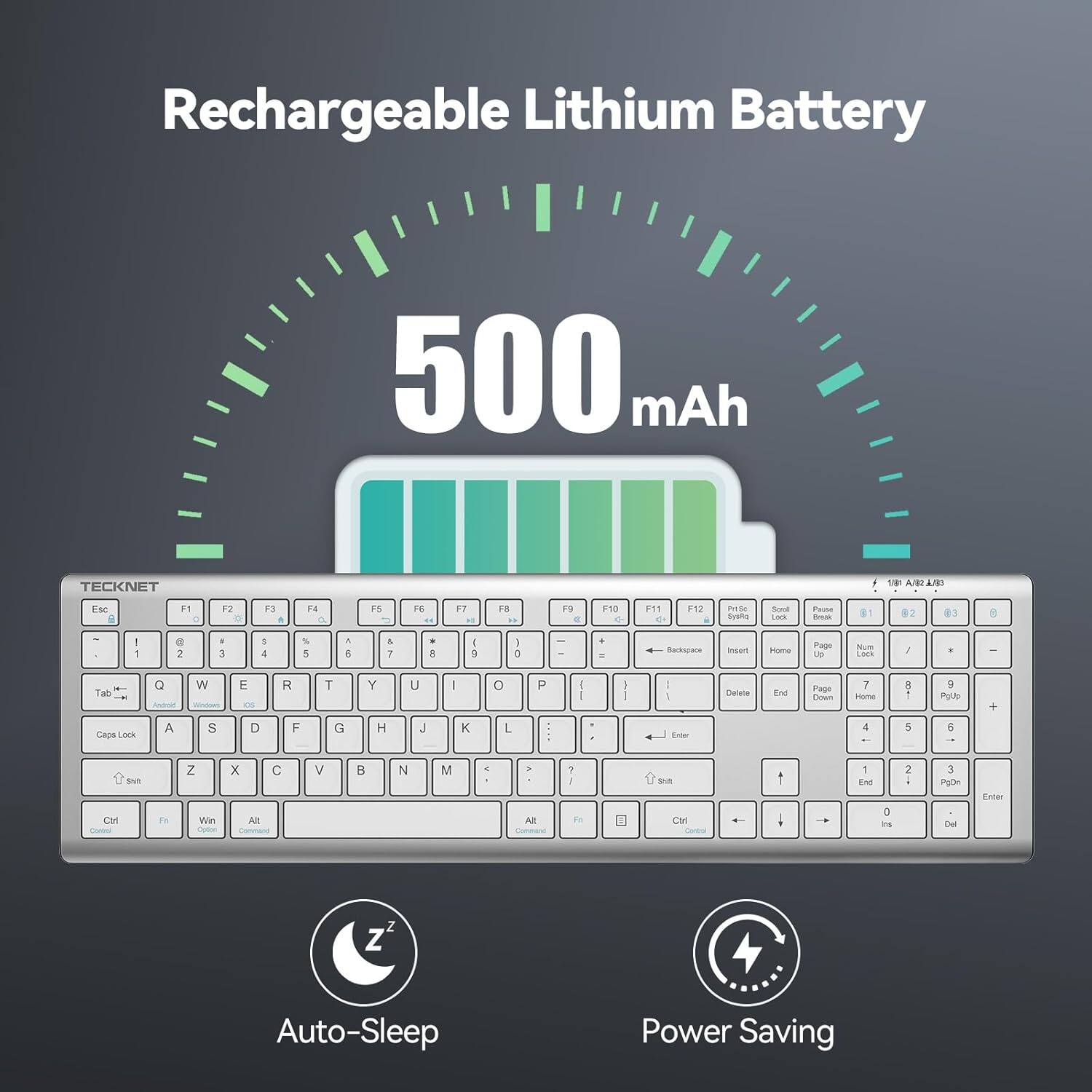Rechargeable Lithium Battery  
500 mAh  
TECKNET  

1/81 CELA SELA  

Esc  
! 1  
F1 C ... 2  
F2 : 3  
F3 5 4  
F4 a % 5  
X 6  
F5 & 7  
F6  * B  
F7 DE I 3  
F8 41 I )  
F9 d  
F10  + =  
F11 F12 : Backspace  
PrtSc SysRq him  
Scroll Lock Home  
Pause Book Page Up  
@1 Num Lock  
@2 /  
83 *  
9 -  
Tab  
Q  
W  
E  
R  
T  
Y  
U  
|  
0  
P  
I  
Delete  
End  
Page Down  
7 Home  
8  
I Pglip  
+  
Caps Lock  
A  
$  
D  
F  
G  
H  
J  
K  
L  
Enter  
4  
5  
6  
Shift Ctrl Contains  
Fr  
Z Win Option  
X At  
C  
V  
B  
N  
M  
<  
Alt  
? Fat  
Shift Ctrl  
1  
1 End I irs