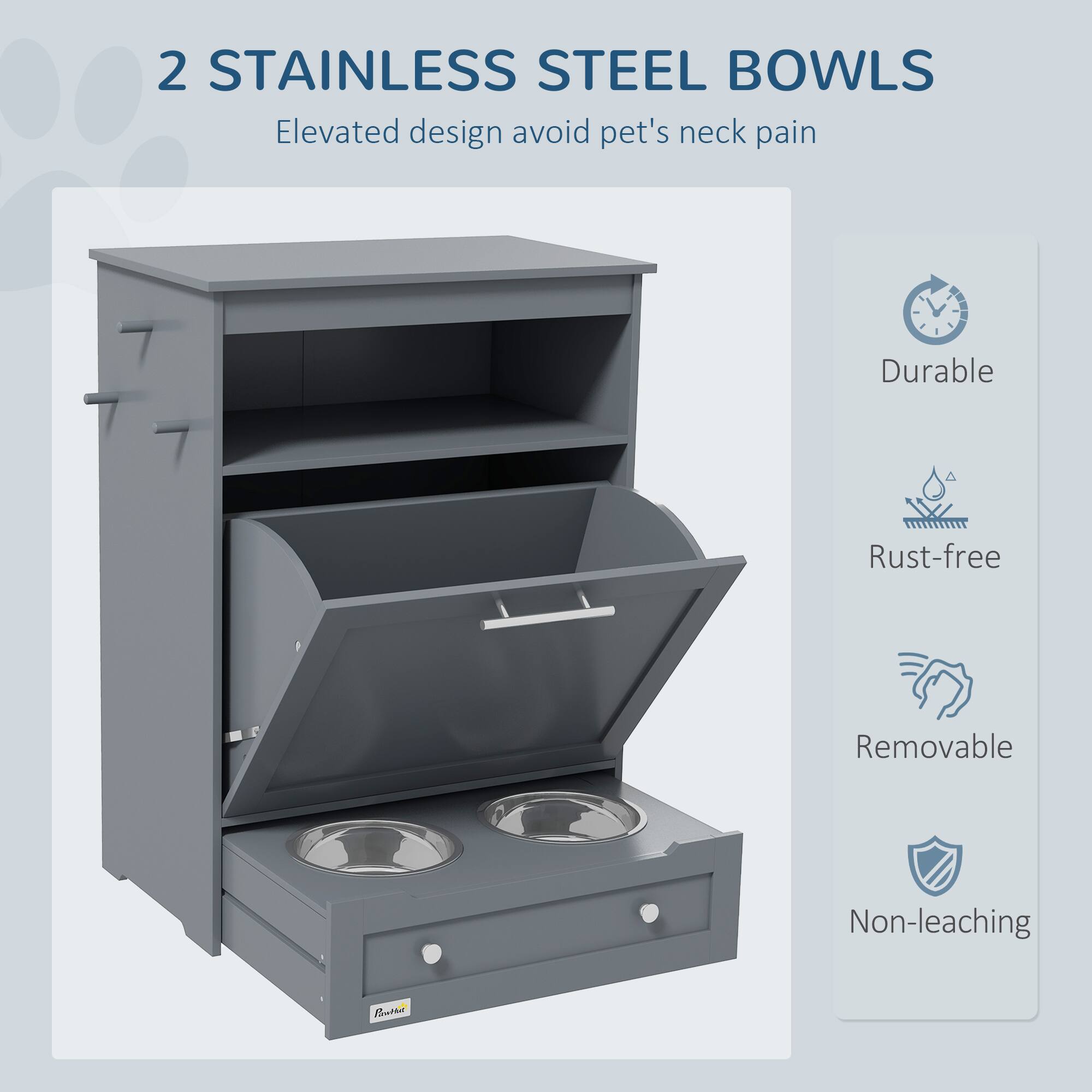2 STAINLESS STEEL BOWLS  
Elevated design avoid pet's neck pain  

- Durable  
- Rust-free  
- Removable  
- Non-leaching