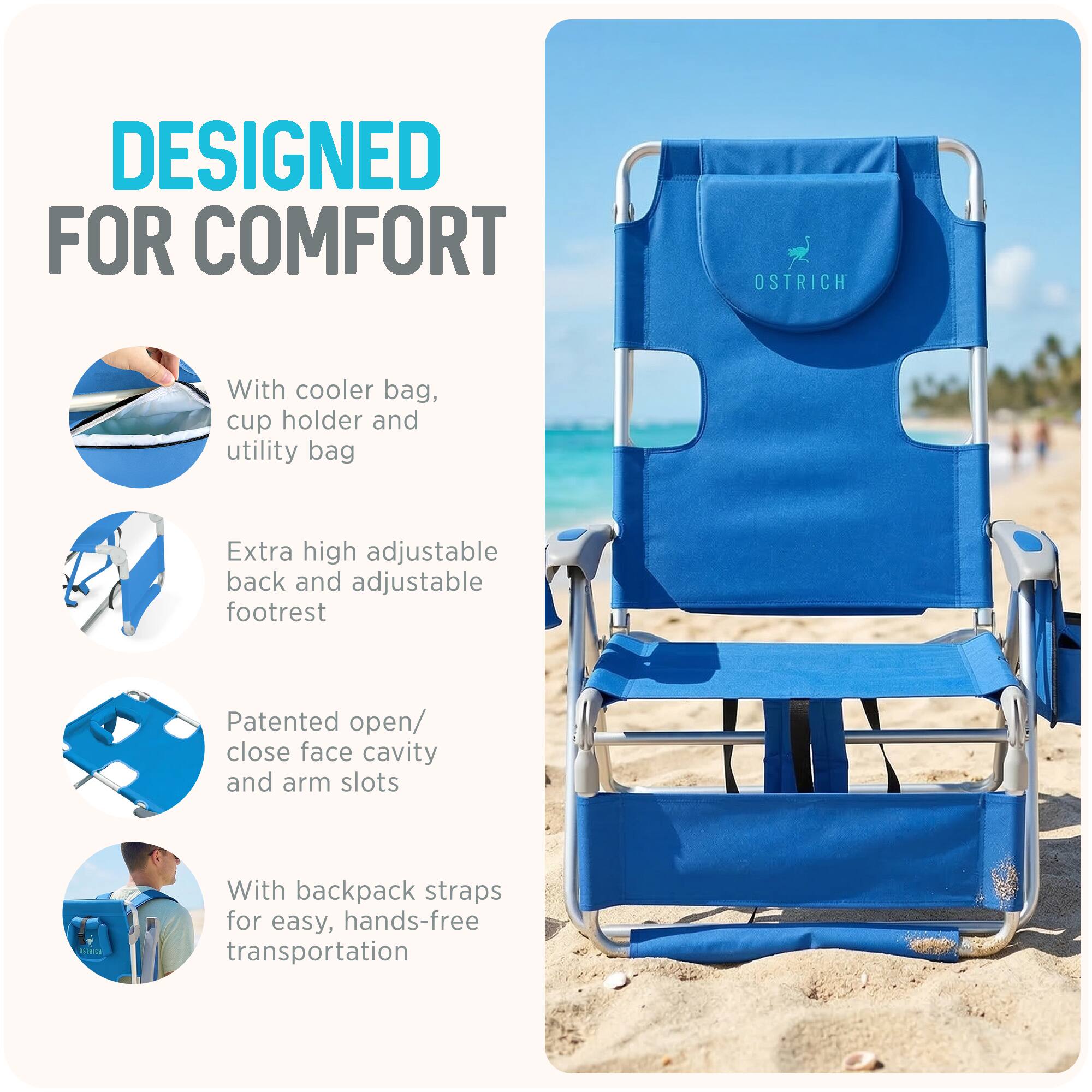 DESIGNED FOR COMFORT

- With cooler bag, cup holder and utility bag
- Extra high adjustable back and adjustable footrest
- Patented open/close face cavity and arm slots
- With backpack straps for easy, hands-free transportation