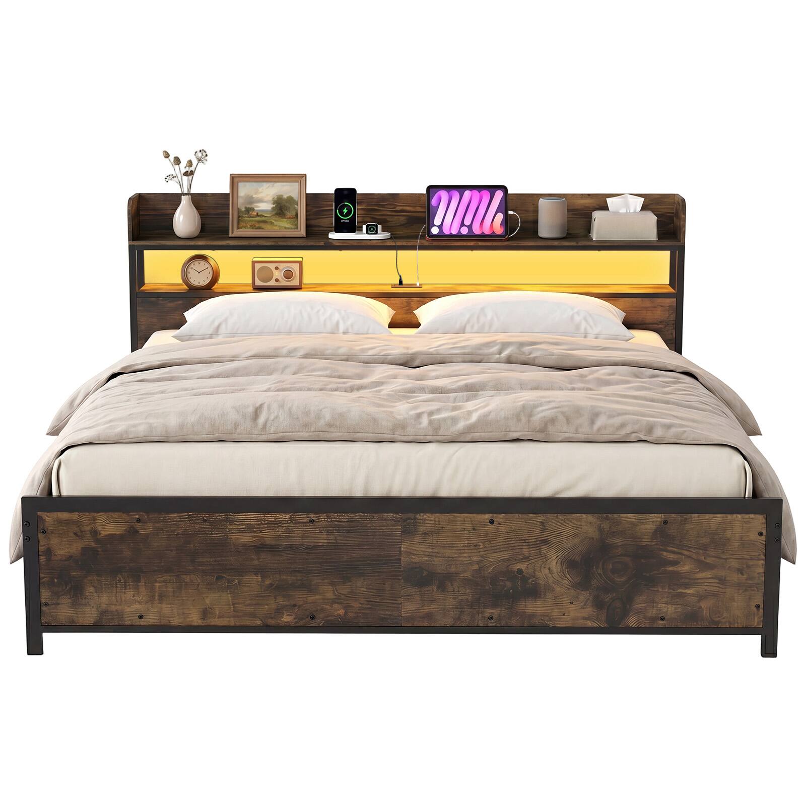 Alt View 1. Costway - Costway King Bed Frame with LED Lights Power Outlets Storage Headboard Metal Slat Support - Rustic Brown.
