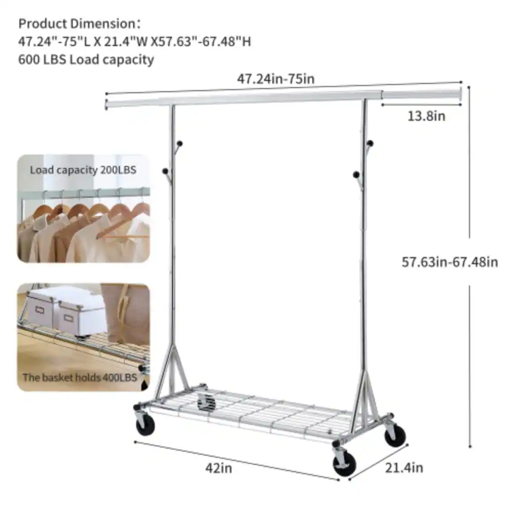 Product Dimension: 47.24"-75"L X 21.4"W X57.63"-67.48"H  
600 LBS Load capacity  
47.24in-75in  
13.8in  
Load capacity 200LBS  
57.63in-67.48in  
The basket holds 400LBS  
42in  
21.4in