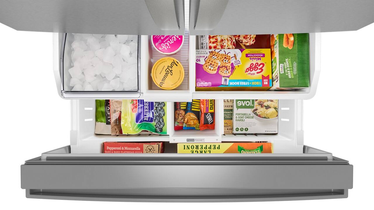 Sure, here is the corrected and grouped text from the image:

---

**Top Shelf:**

- HAAUN CVI OurEan
- FRES h 3
- Crisp CREAM
- ieni's
- foc 3u 10
- STURM N 10
- VanLeeuwer
- UEBE
- PES CHEESE
- IIVil
- BUR
- BI
- TIMAS
- Teast
- Clenamon
- Minis
- iN ni
- B3
- llgpss
- BOOK FREE BOX
- I evol.
- KTA inach
- PORTABELLA & GOAT CHEESE RAVIOLI 14-
- CC Faredach
- SHACK
- KE
- GRAB ORAB PIZZA POCKET
- 2 Pepperoni & Mozzarella
- CRASTER X
- .... TAKE & BAKE FLATBREAD
- NISTA PEPPERONI
- PEPIAOEED
- TAMPATO

**Bottom Shelf:**

- Pepperoni & Mozzarella
- PORTABELLA & GOAT CHEESE RAVIOL