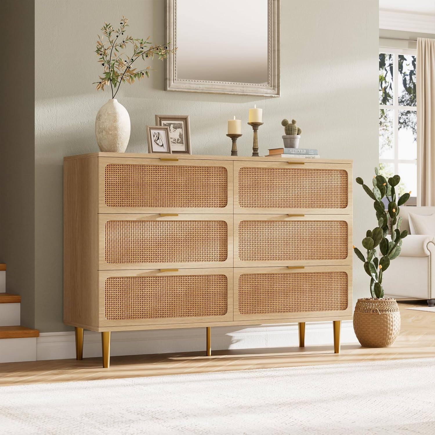 Alt View 2. Acekool - Rattan 6 Drawer Dresser for Bedroom, Large Double Dresser with Deep Drawers - Natural.