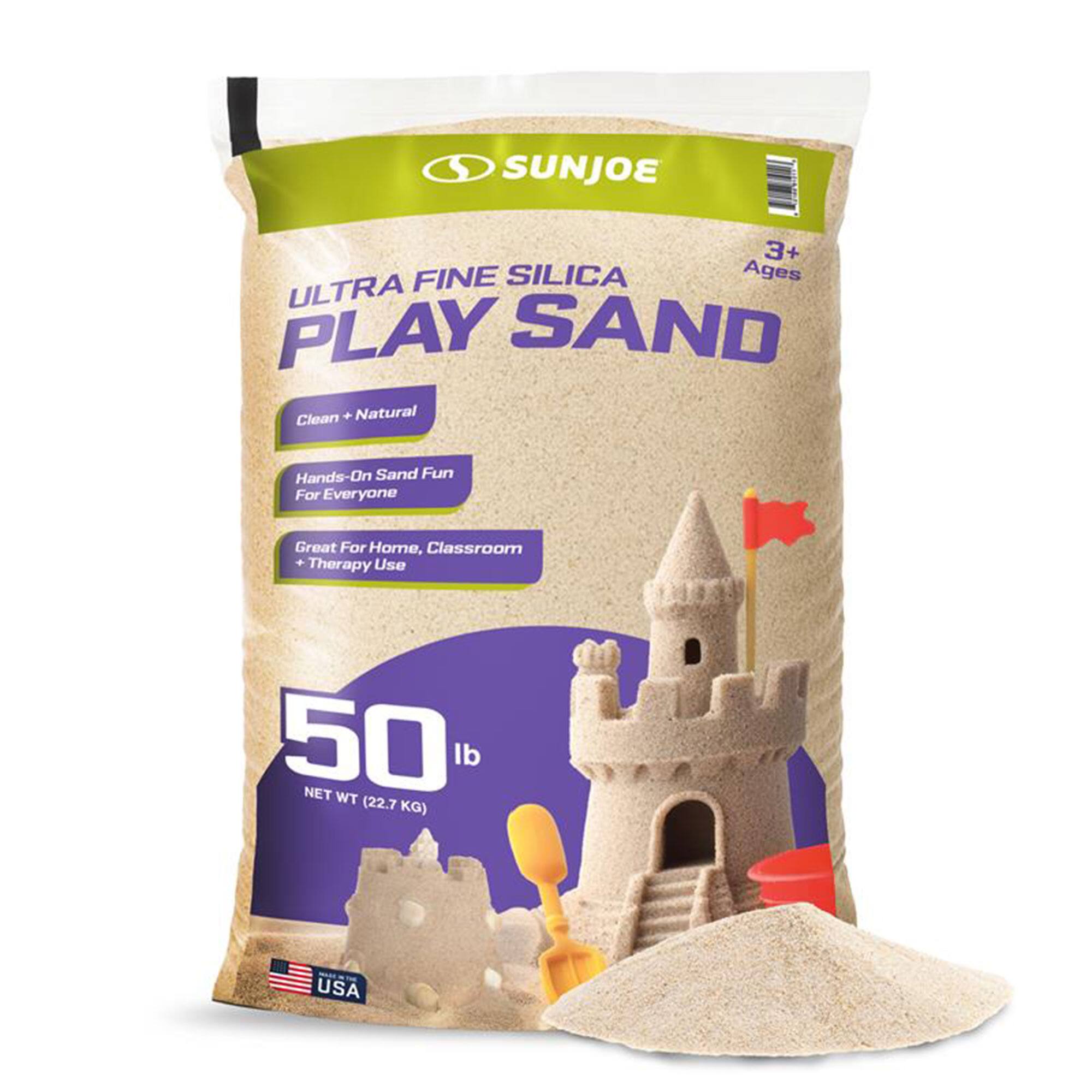 SUNJOE 3+ FINE SILICA PLAY SAND  
Clean + Natural  
Hands-On Sand Fun For Everyone  
Great For Home, Classroom + Therapy Use  
50 NET lb WT (22.7 KG)  
USA