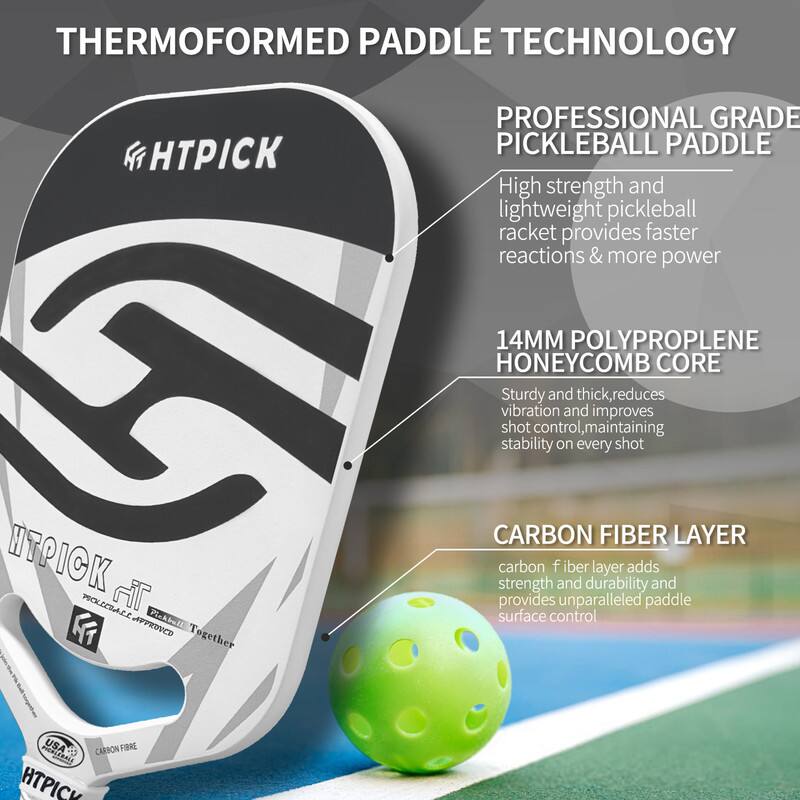 **THERMOFORMED PADDLE TECHNOLOGY**

**PROFESSIONAL GRADE PICKLEBALL PADDLE**

- High strength and lightweight pickleball racket provides faster reactions & more power

- **14MM POLYPROPYLENE HONEYCOMB CORE**
  - Sturdy and thick, reduces vibration and improves shot control, maintaining stability on every shot

- **CARBON FIBER LAYER**
  - Carbon fiber layer adds strength and durability and provides unparalleled paddle surface control

**HTPICK**

- USA CARBON FIBER
- PROCELL-APPROVED Together