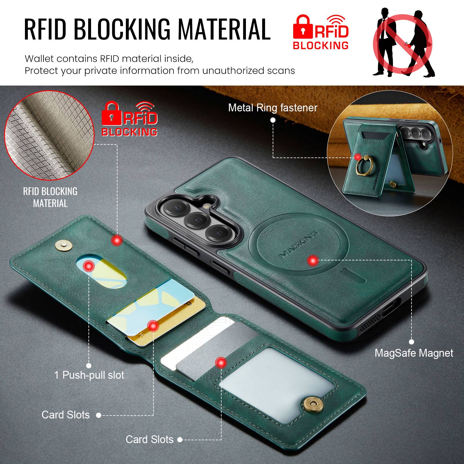 RFID BLOCKING MATERIAL

Wallet contains RFID material inside, Protect your private information from unauthorized scans

RFID BLOCKING

RFID BLOCKING MATERIAL

Metal Ring fastener

1 Push-pull slot

Card Slots

Card Slots

MagSafe Magnet